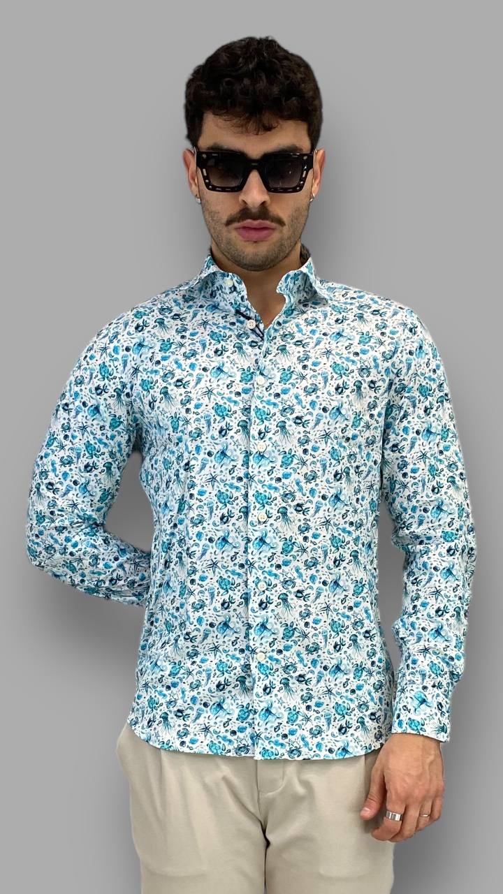 CAMICIA IN PREGIATISSIMO COTONE ELASTICIZZATO CON FANTASIA MARINA - REGULAR FIT