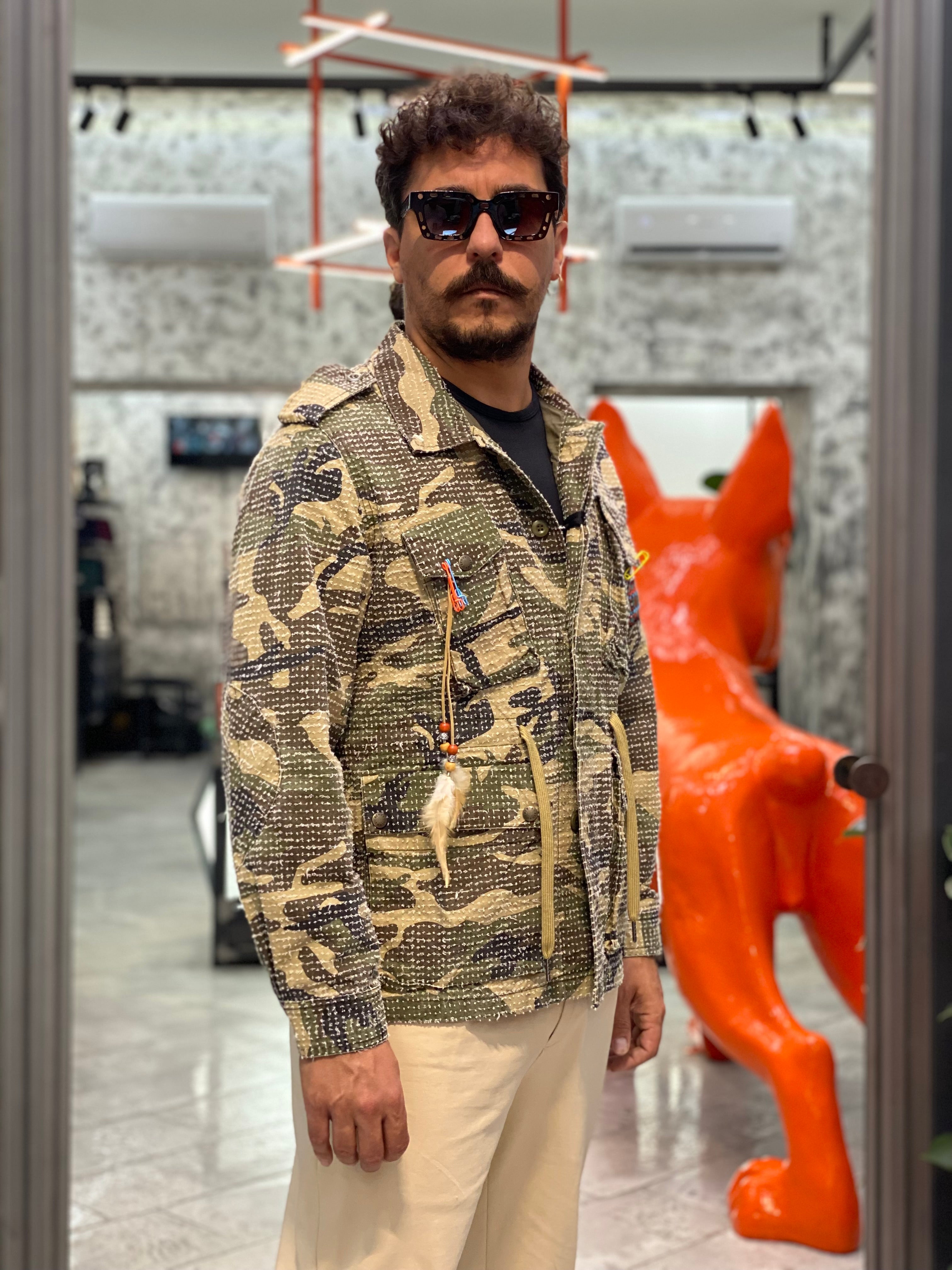 FIELD JACKET CAMOUFLAGE IN MISTO COTONE CON COLLETTO CLASSICO, RICAMO FALCO SUL RETRO E FOULARD - REGULAR FIT M252284-30