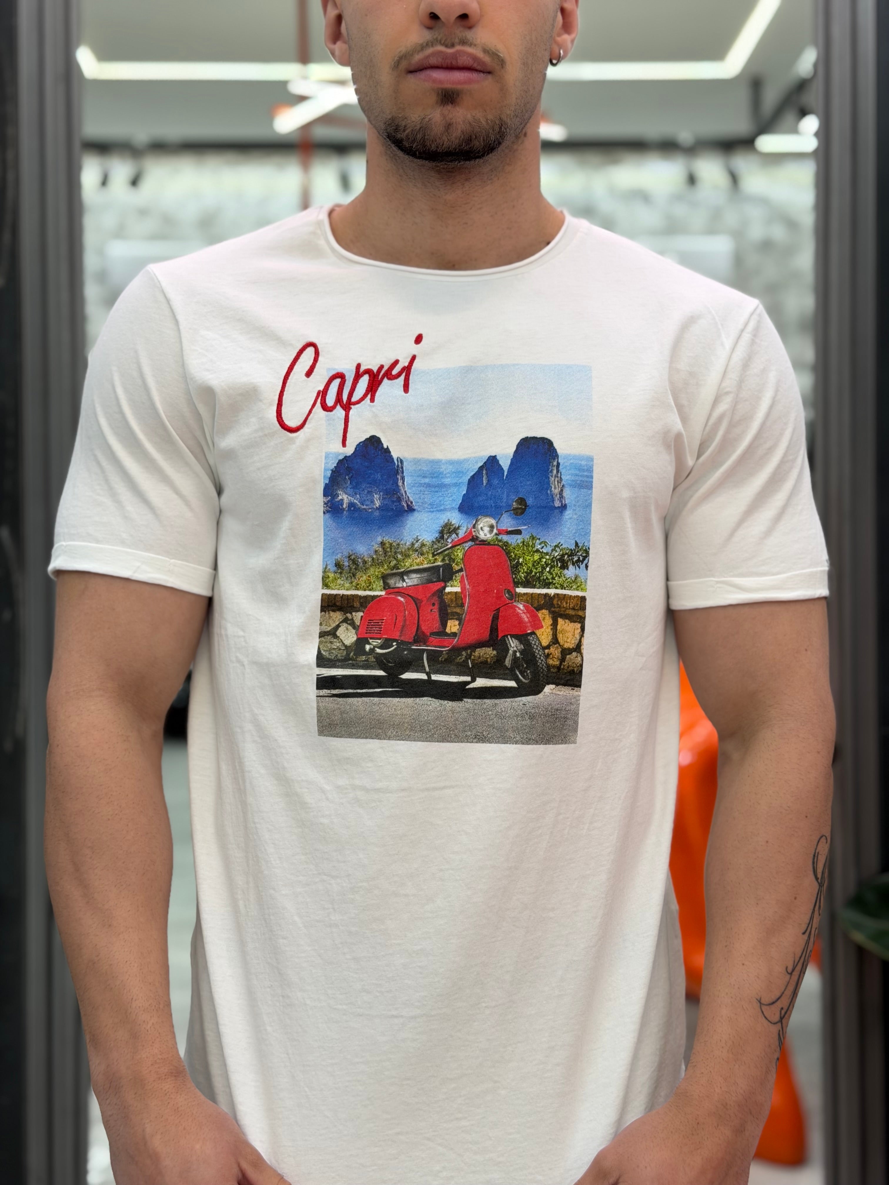 T-SHIRT IN PURO COTONE CON RICAMO E MAXI STAMPA CAPRI - REGULAR FIT M-261157