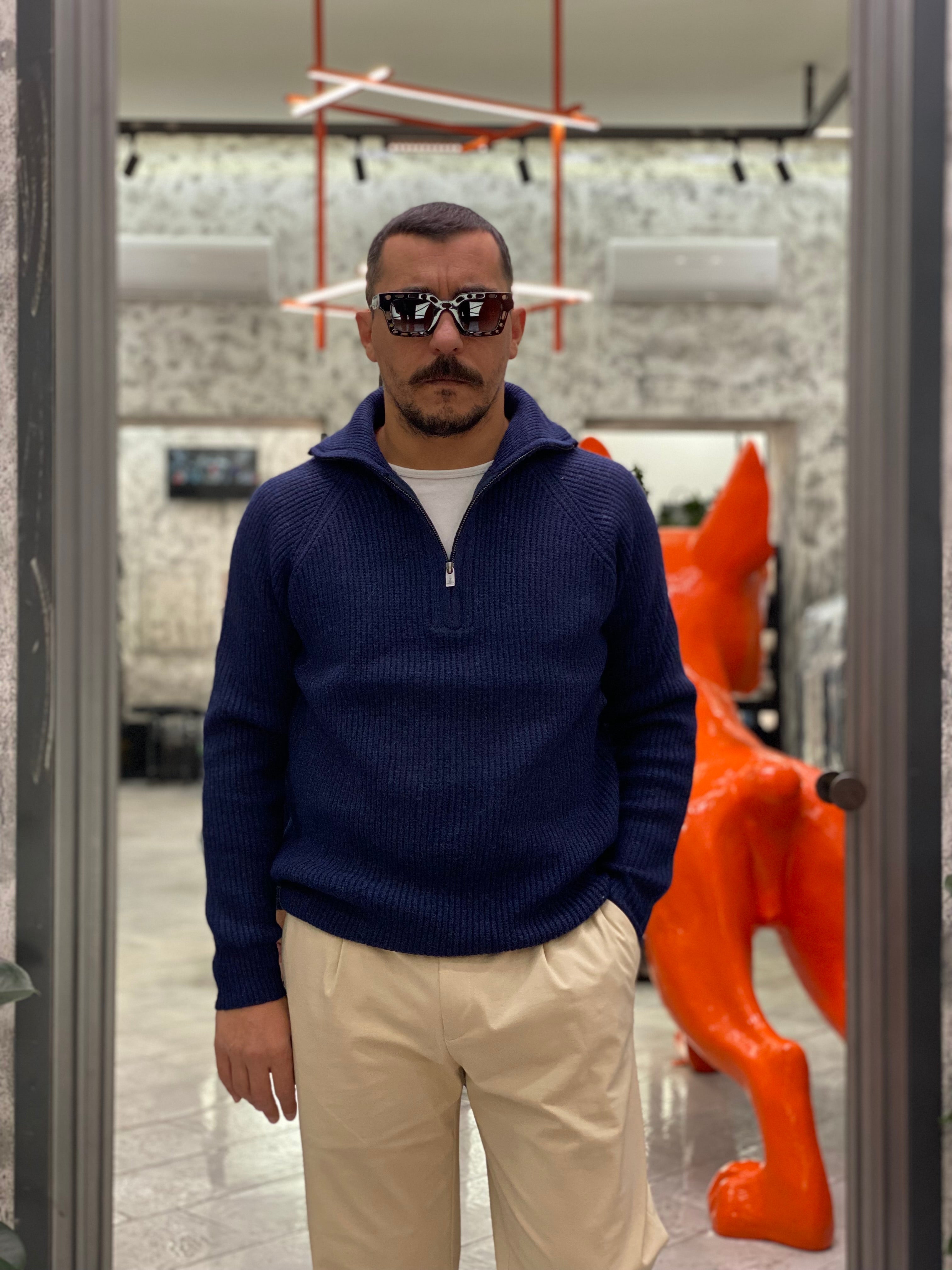 MAGLIA MEZZA ZIP JAVIER IN MISTO LANA - REGULAR FIT 10062246.BLU