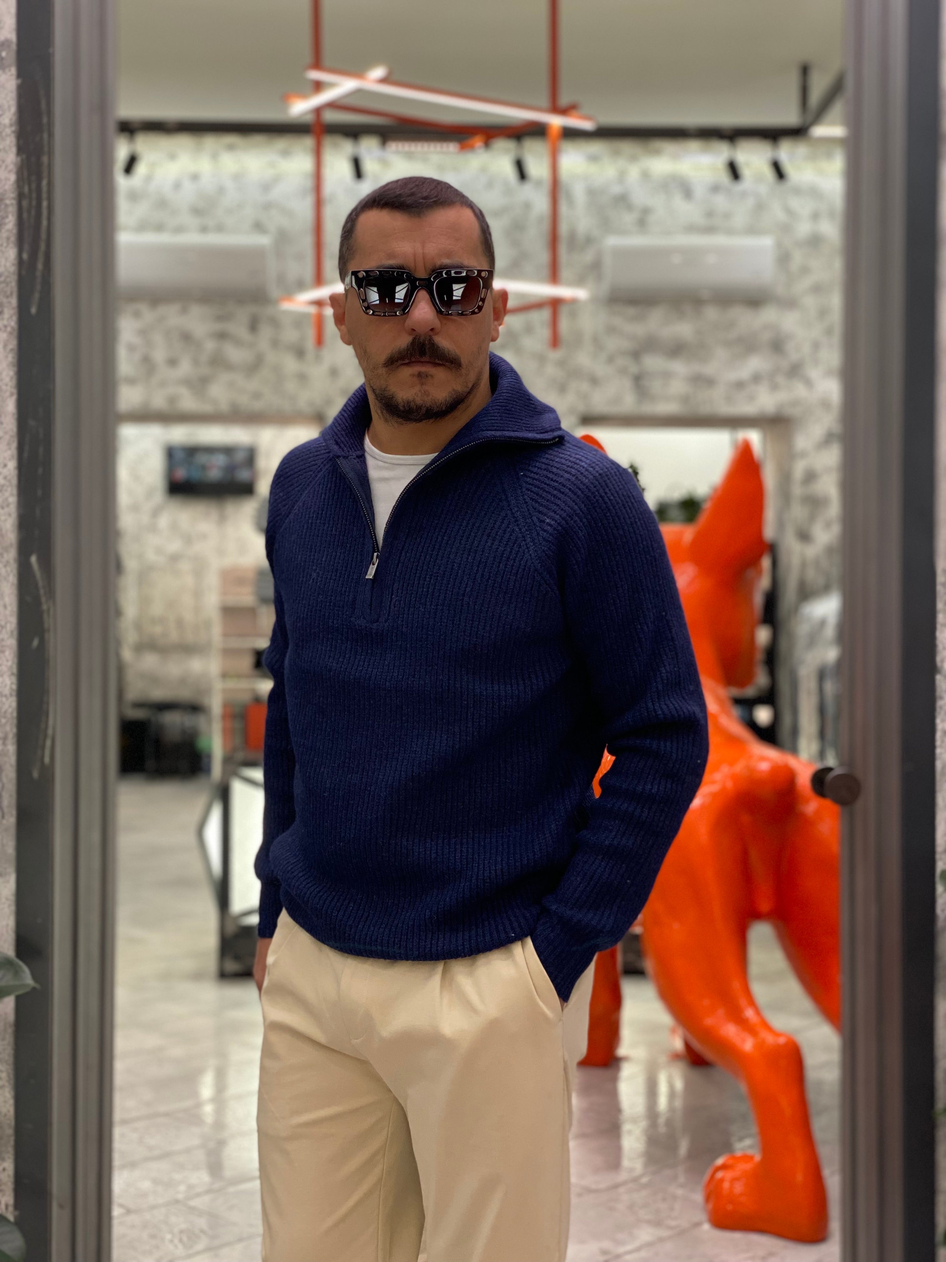 MAGLIA MEZZA ZIP JAVIER IN MISTO LANA - REGULAR FIT 10062246.BLU