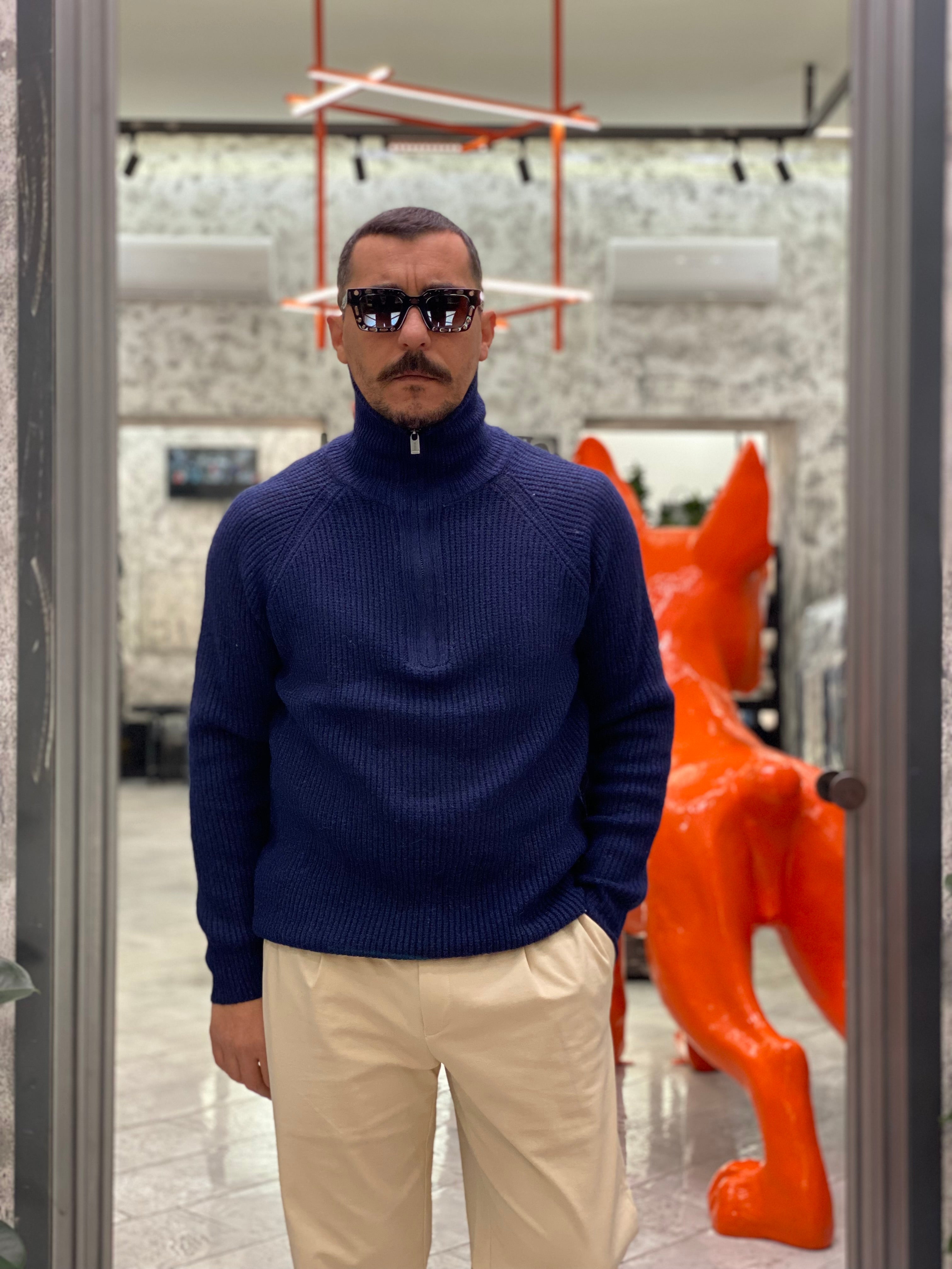 MAGLIA MEZZA ZIP JAVIER IN MISTO LANA - REGULAR FIT 10062246.BLU