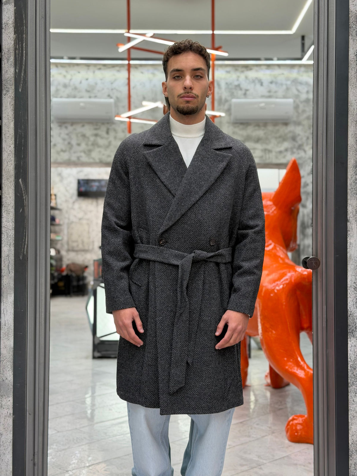 CAPPOTTO DOPPIOPETTO CON CINTURA IN PANNO RESCA - OVERSIZE FIT MK2940604