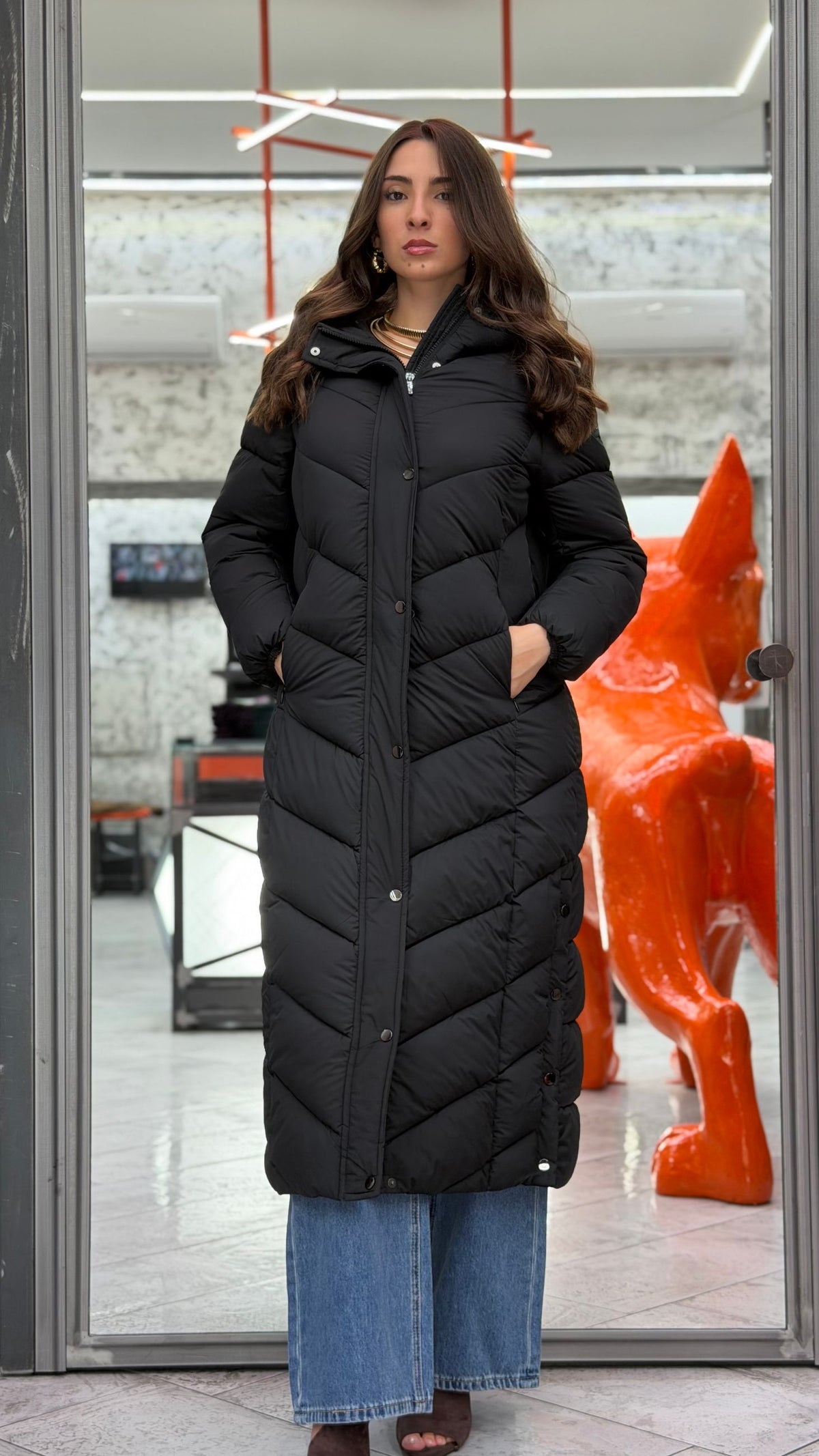 PIUMINO LUNGO TRAPUNTATO CON CAPPUCCIO E BOTTONI LATERALI - REGULAR FIT GLD1020AN.NER