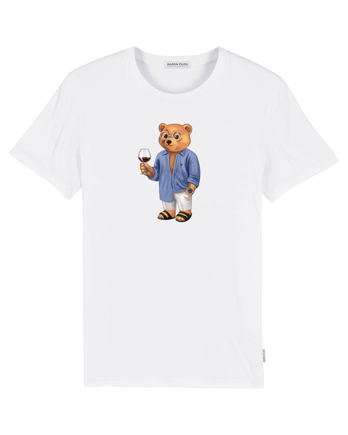 T-SHIRT UNISEX IN COTONE ORGANICO 180GR CON STAMPA TEDDY IN CAMICIA CON CALICE DI VINO - REGULAR FIT