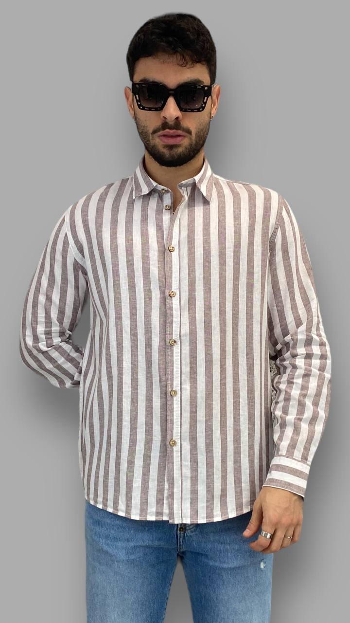 CAMICIA A RIGHE LARGHE IN MISTO LINO/COTONE - REGULAR FIT