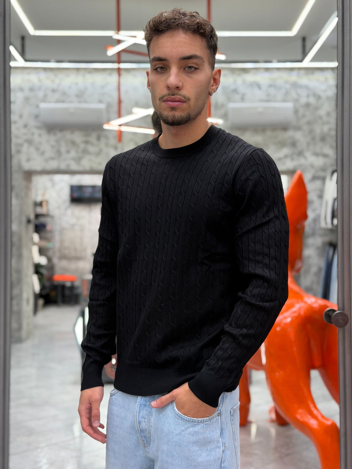 MAGLIA GIROCOLLO TRAMA TRECCIA FINEZZA 12 IN MORBIDA VISCOSA - SLIM FIT MK2900041.NER