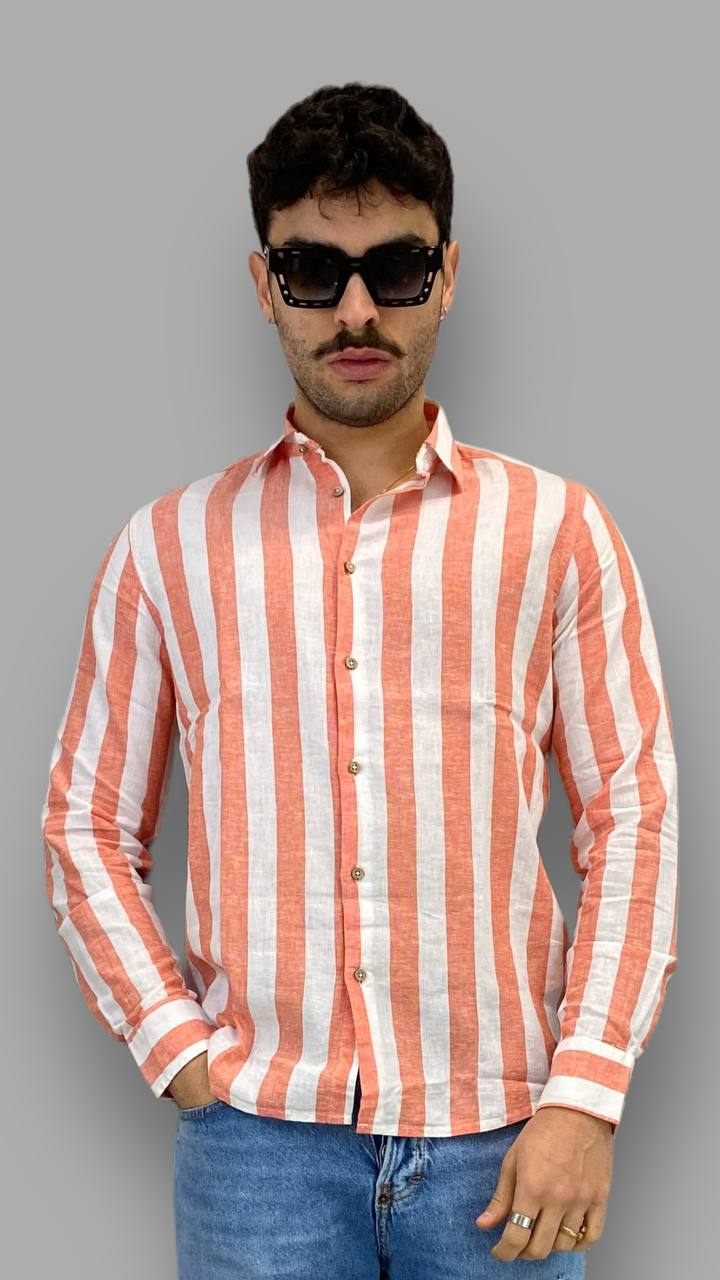 CAMICIA IN 100%LINO A RIGHE LARGHE - REGULAR FIT