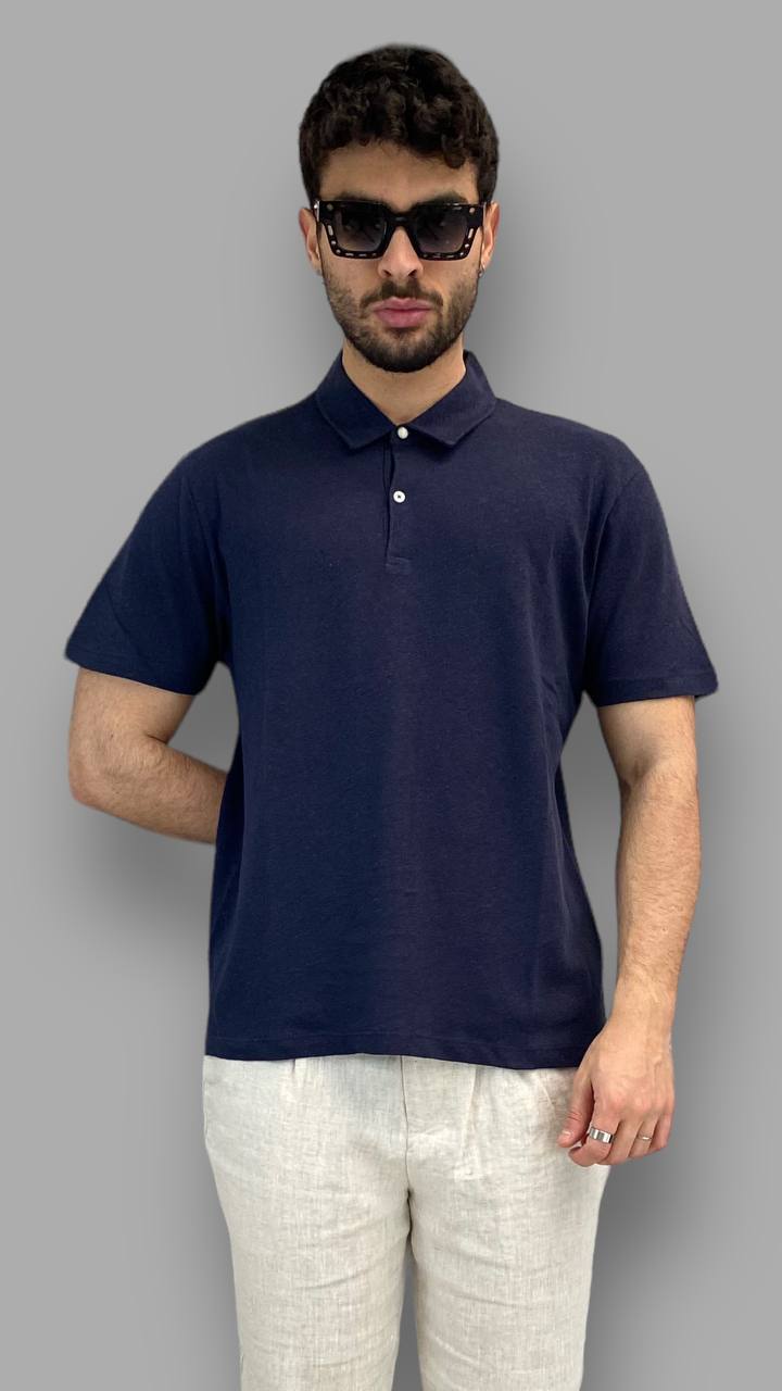 POLO IN MISTO COTONE/LINO BASIC CON BOTTONE IN PIETRA - REGULAR FIT