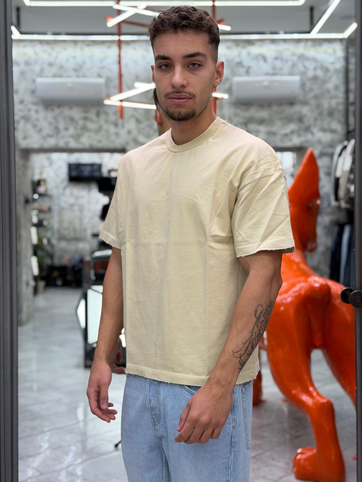 T-SHIRT IN JERSEY AMERICANO 30/2 TINTO IN CAPO CON COLLO E MANICHE EFFETTO DESTROYED - OVER CROP FIT BOXYMOL.SAB