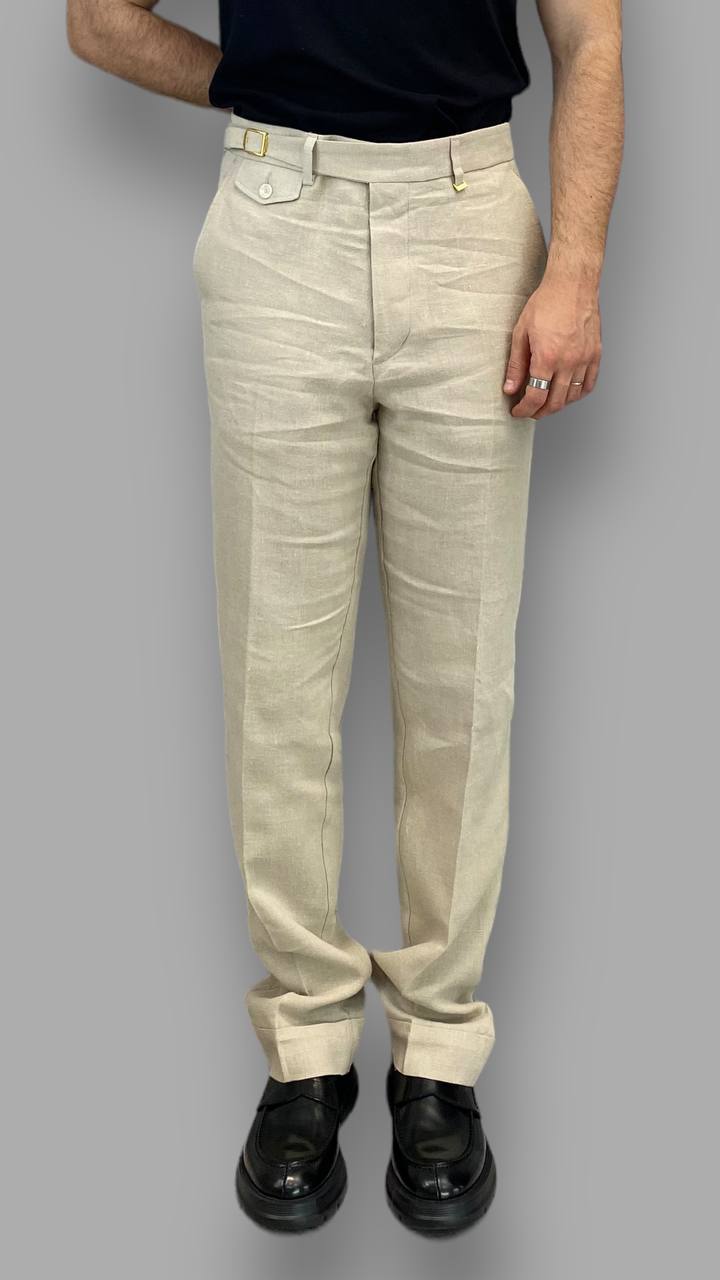 PANTALONE DA ABITO IN 100%LINO TASCA AMERICA GAMBA AMPIA CON RISVOLTO - RELAXED FIT