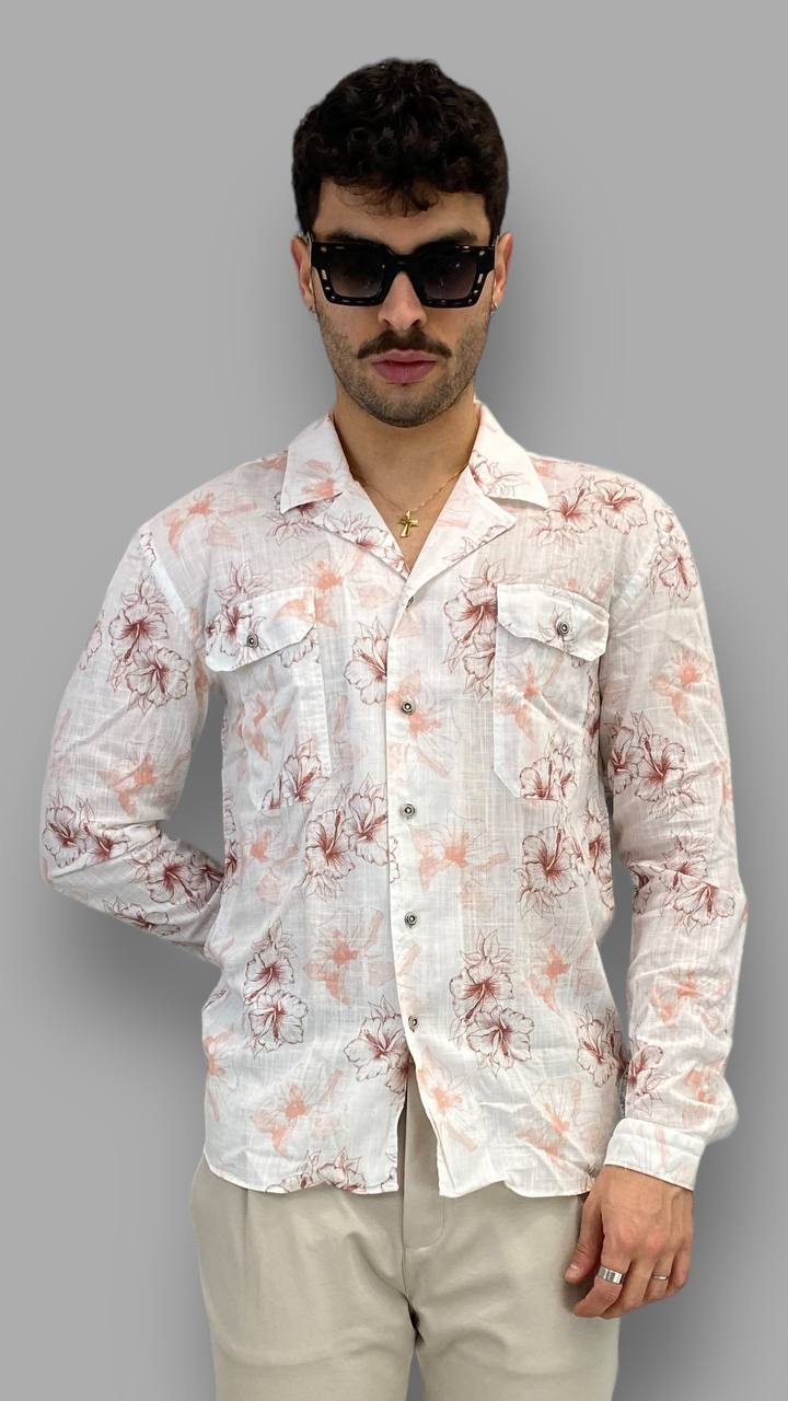 GIACCA CAMICIA IN PREGIATO LINO CON  TASCHE A TOPPA E FANTASIA FIORI - REGULAR FIT