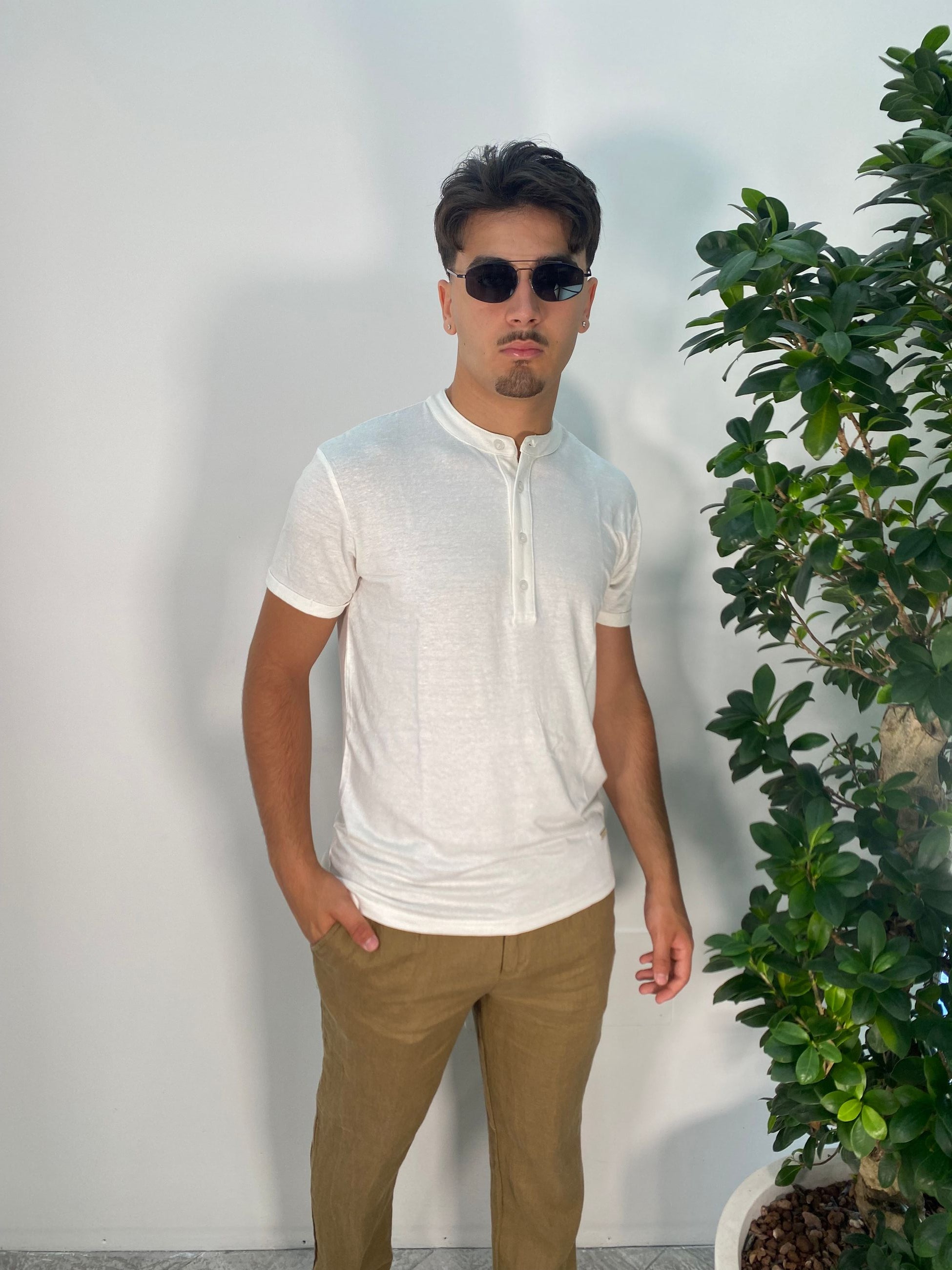 T-SHIRT SERAFINO 4 BOTTONI IN MISTO LINO/VISCOSA - REGULAR FIT GL2277F.BIA