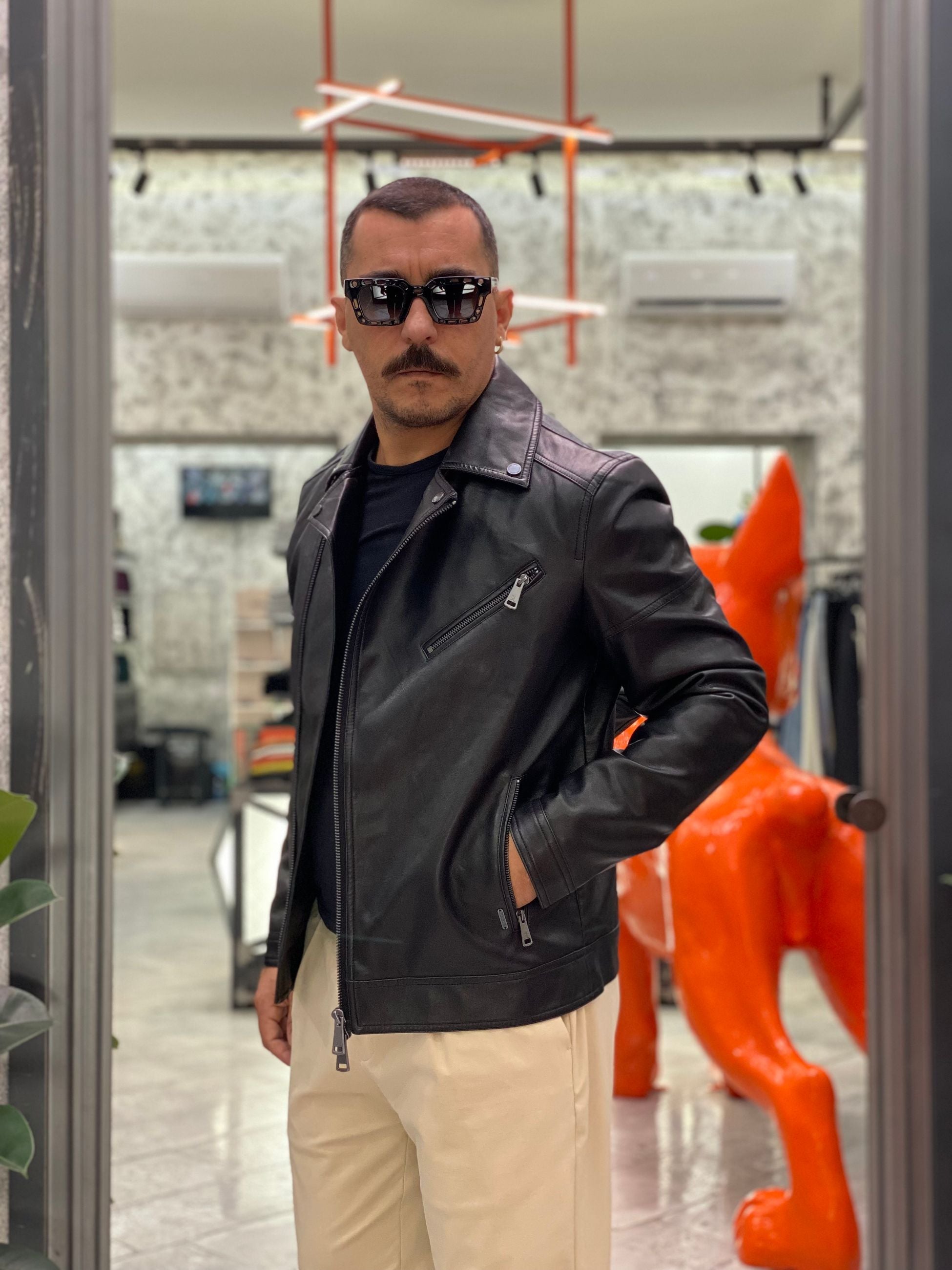 GIUBBINO CHIODO MODELLO BIKER IN ECOPELLE EFFETTO MARMORIZZATO - REGULAR FIT GL9819.NER