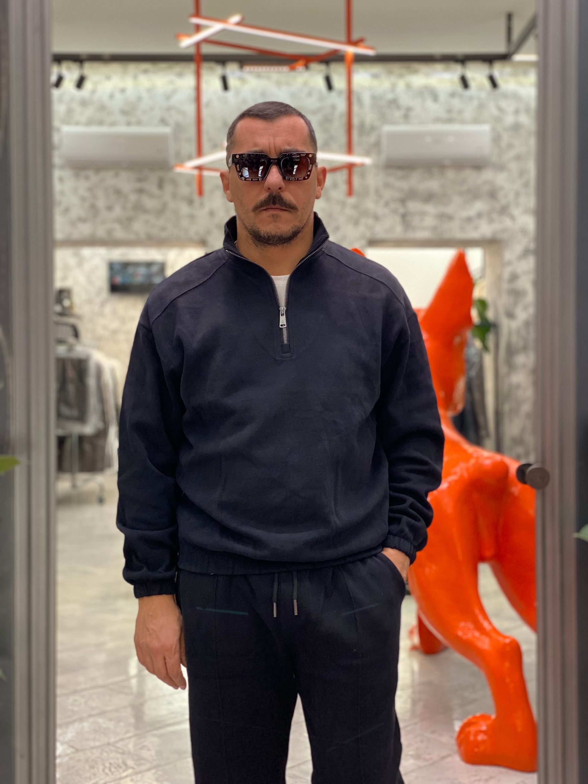 FELPA MEZZA ZIP CON ELASTICO AL FONDO - RELAXED FIT GL227SX.NER