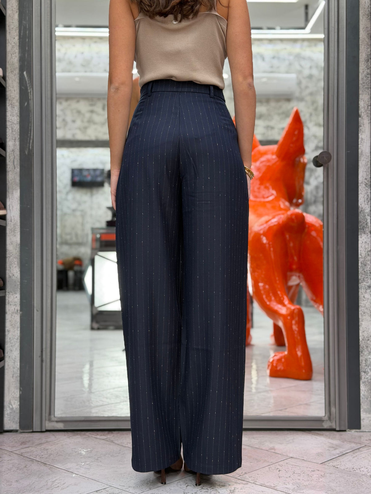 PANTALONE GESSATO DA COMPLETO CON FILO LUREX - WIDE LEG FIT GLD7059PA.BLU