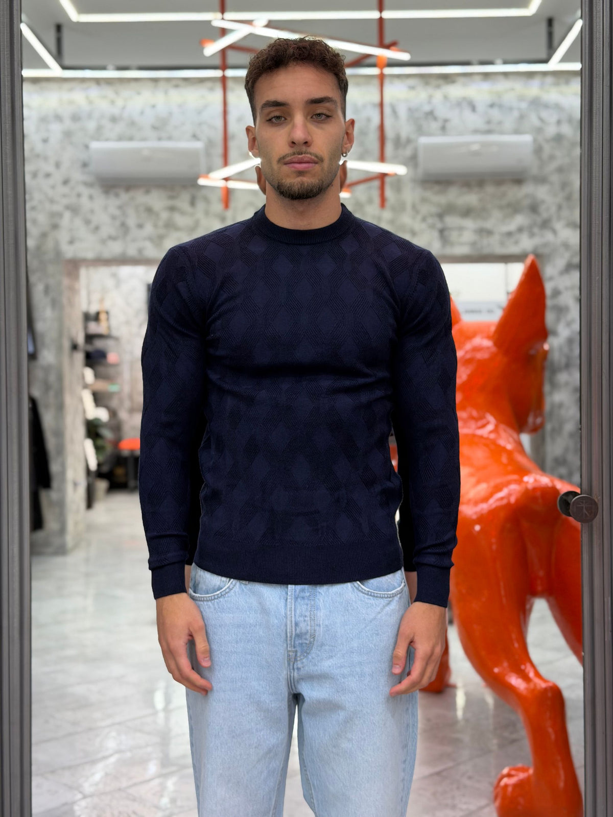 MAGLIA GIROCOLLO IN MISTO LANA CON TRAMA ROMBI - REGULAR FIT MI3353SS.BLU