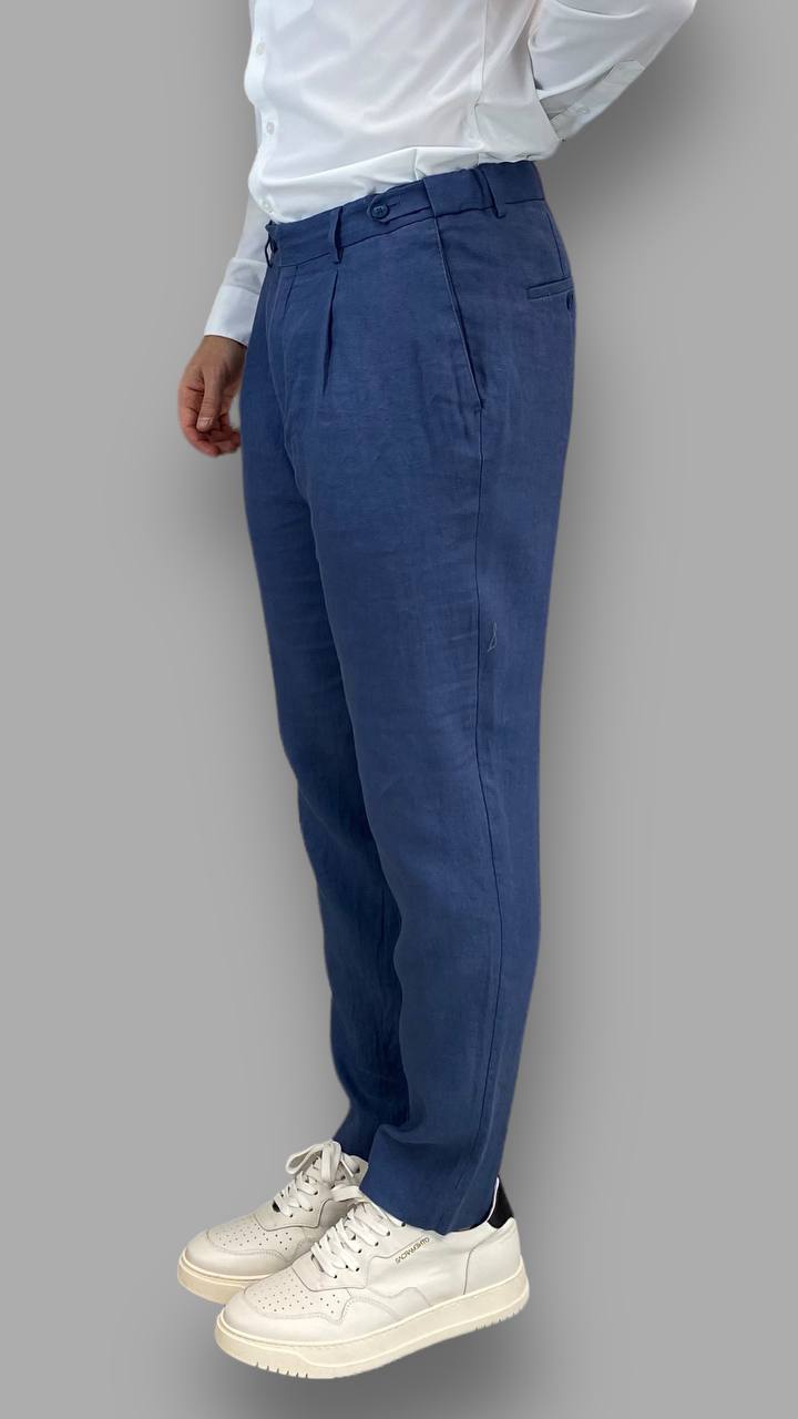 PANTALONE DA ABITO IN 100% LINO TASCA AMERICA  CON PINCE E VITA REGOLABILE - REGULAR FIT