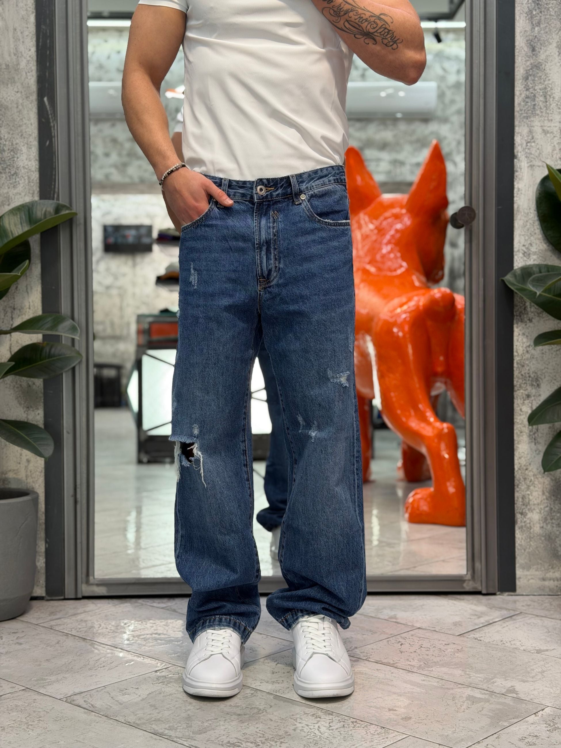 JEANS MAX BLUE DARK WASH CON MACRO ABRASIONI - WIDE FIT GL6391Q