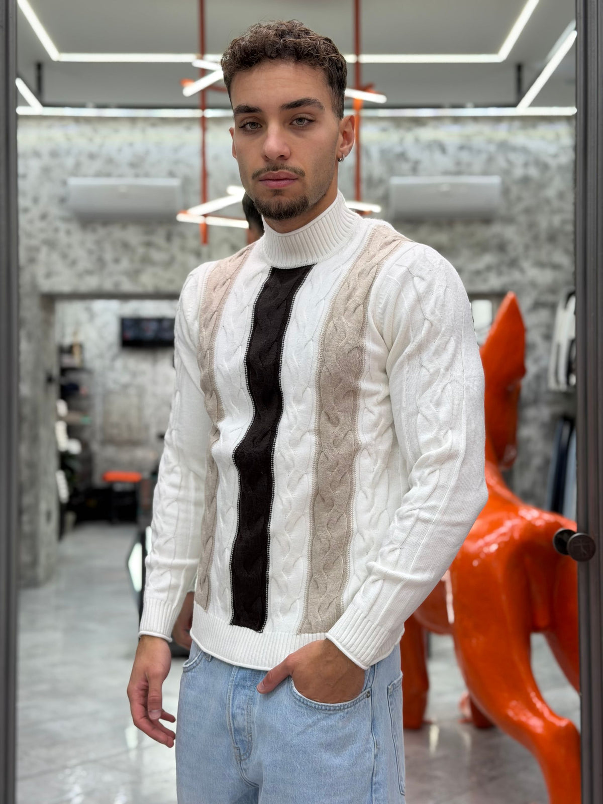MAGLIA LUPETTO IN MORBIDA VISCOSA CON TRAMA TRECCE MULTICOLOR - REGULAR FIT MI3372SS.OFF