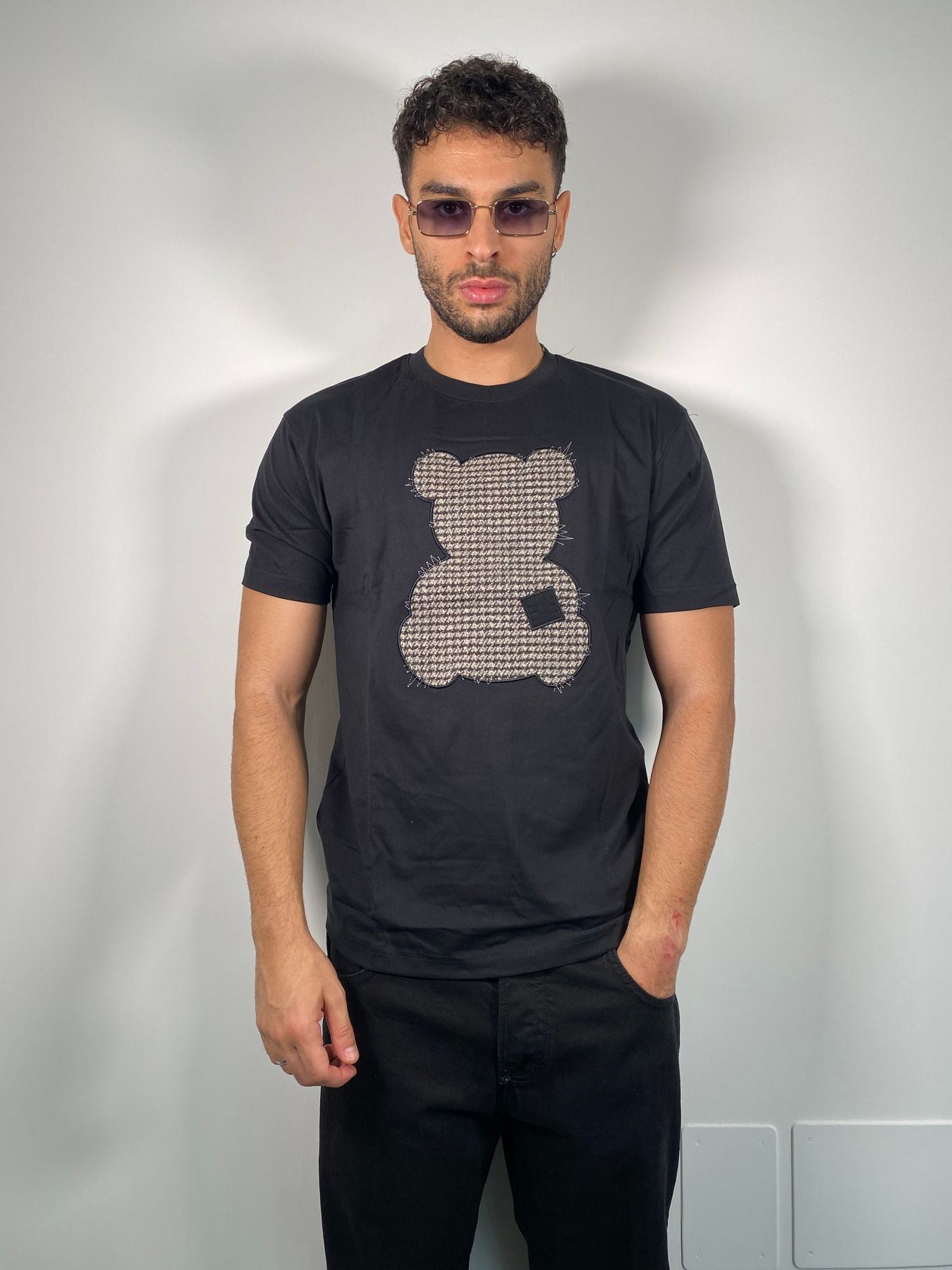 T-SHIRT CON APPLICAZIONE TEDDY FANTASIA PIED DE POULE - REGULAR FIT