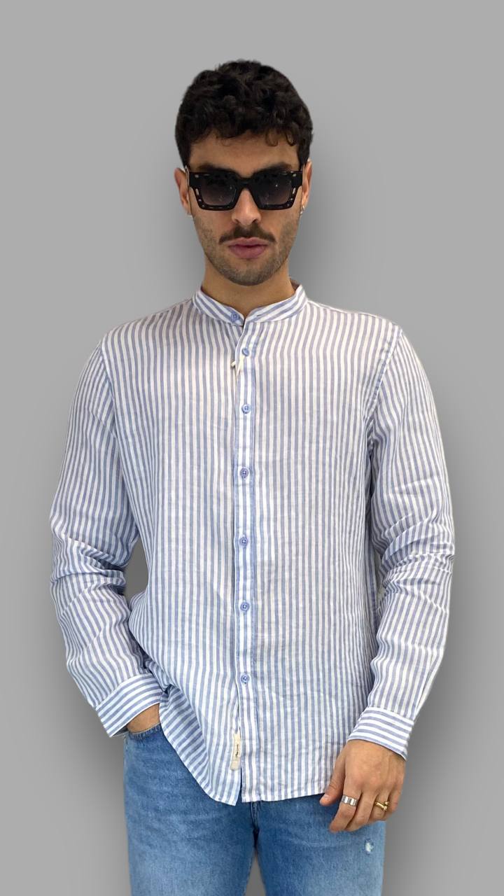 CAMICIA IN 100% LINO A RIGHE CON COLLO ALLA KOREANA - REGULAR FIT