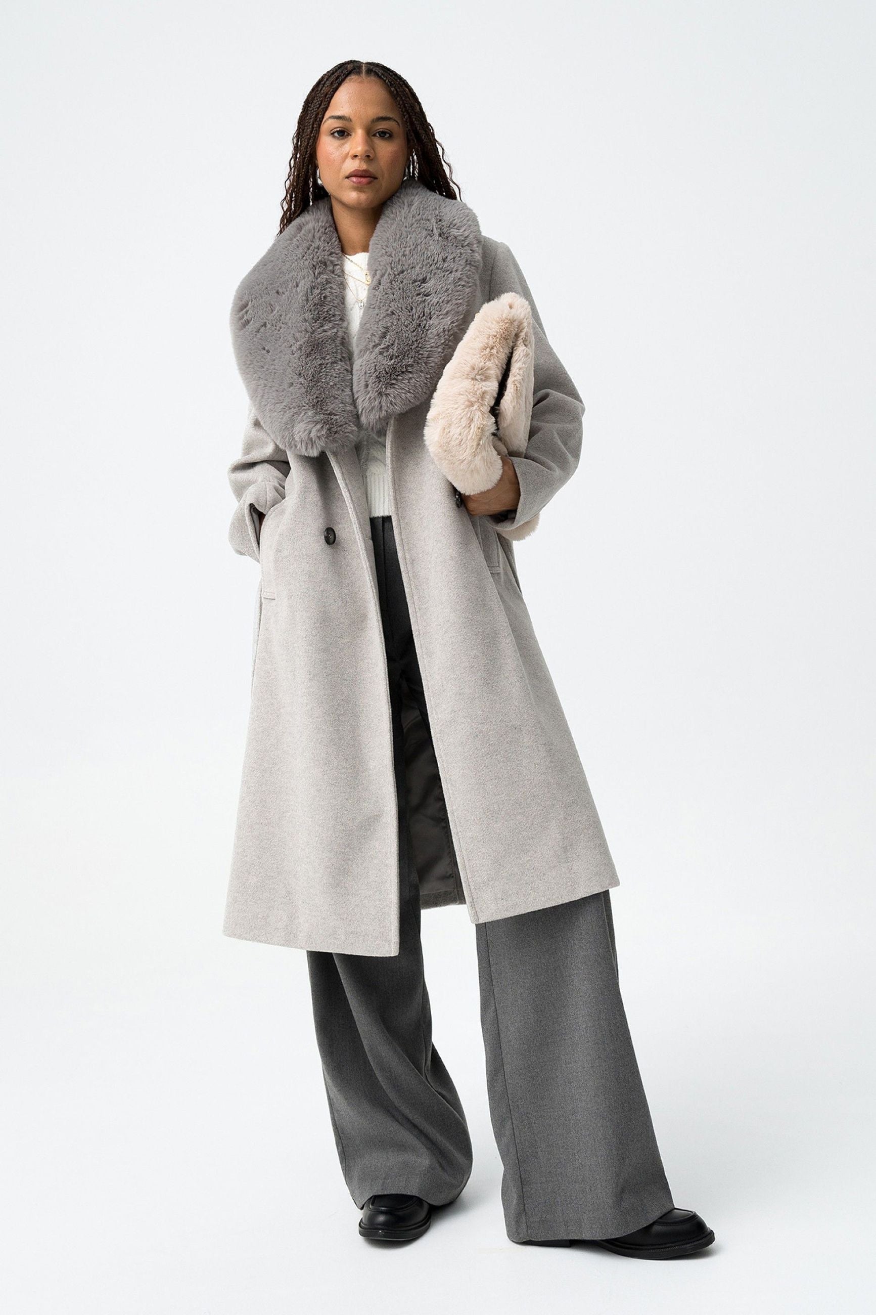 ELEGANTE CAPPOTTO LUNGO KATRIN CON PELLICCIA REMVIBILE E CINTURA - RELAXED FIT 10066031.GRI