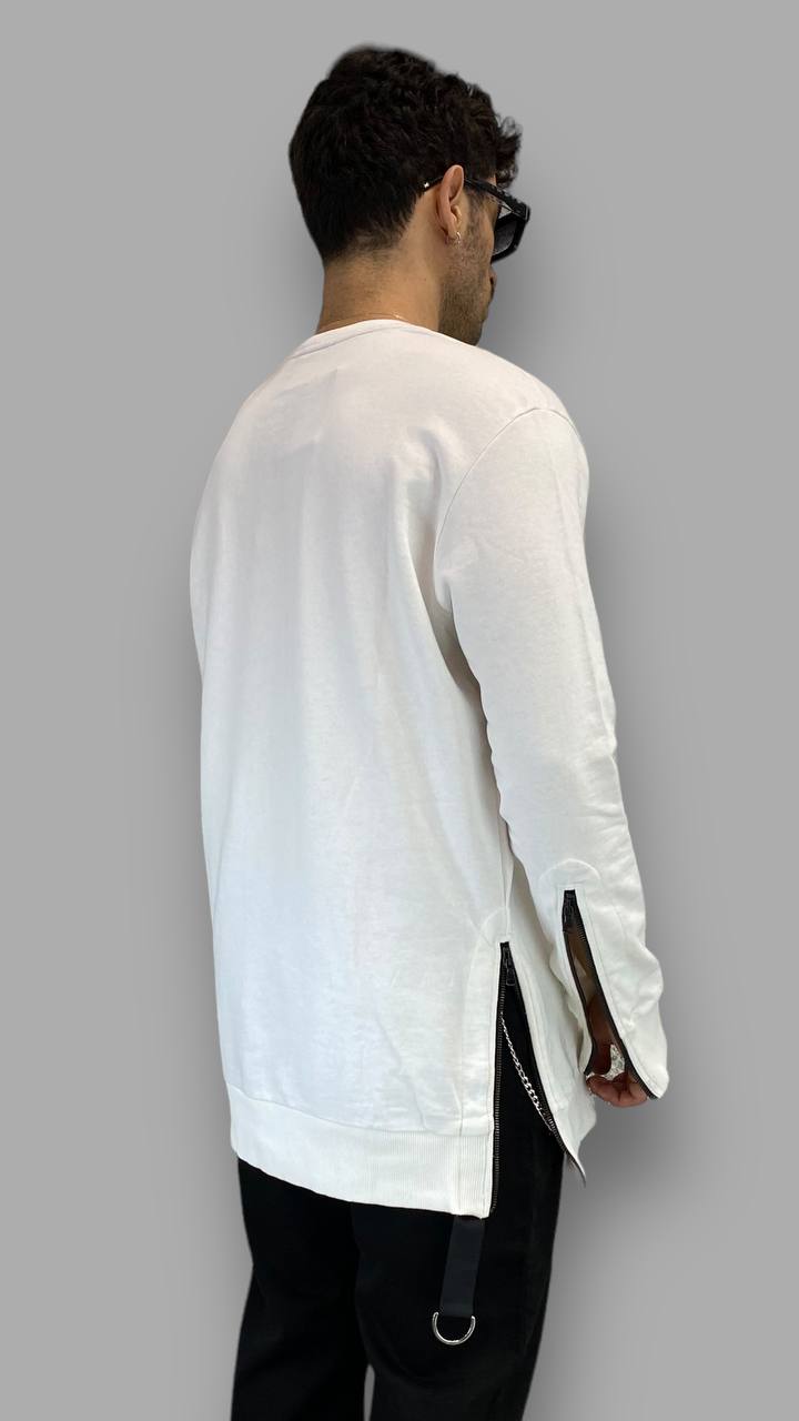 FELPA LUNGA GIROCOLLO IN COTONE GARZATO CON ZIP ALLE MANICHE E LUNGO I FIANCHI, RICAMO SUL COLLO - OVERSIZE FIT