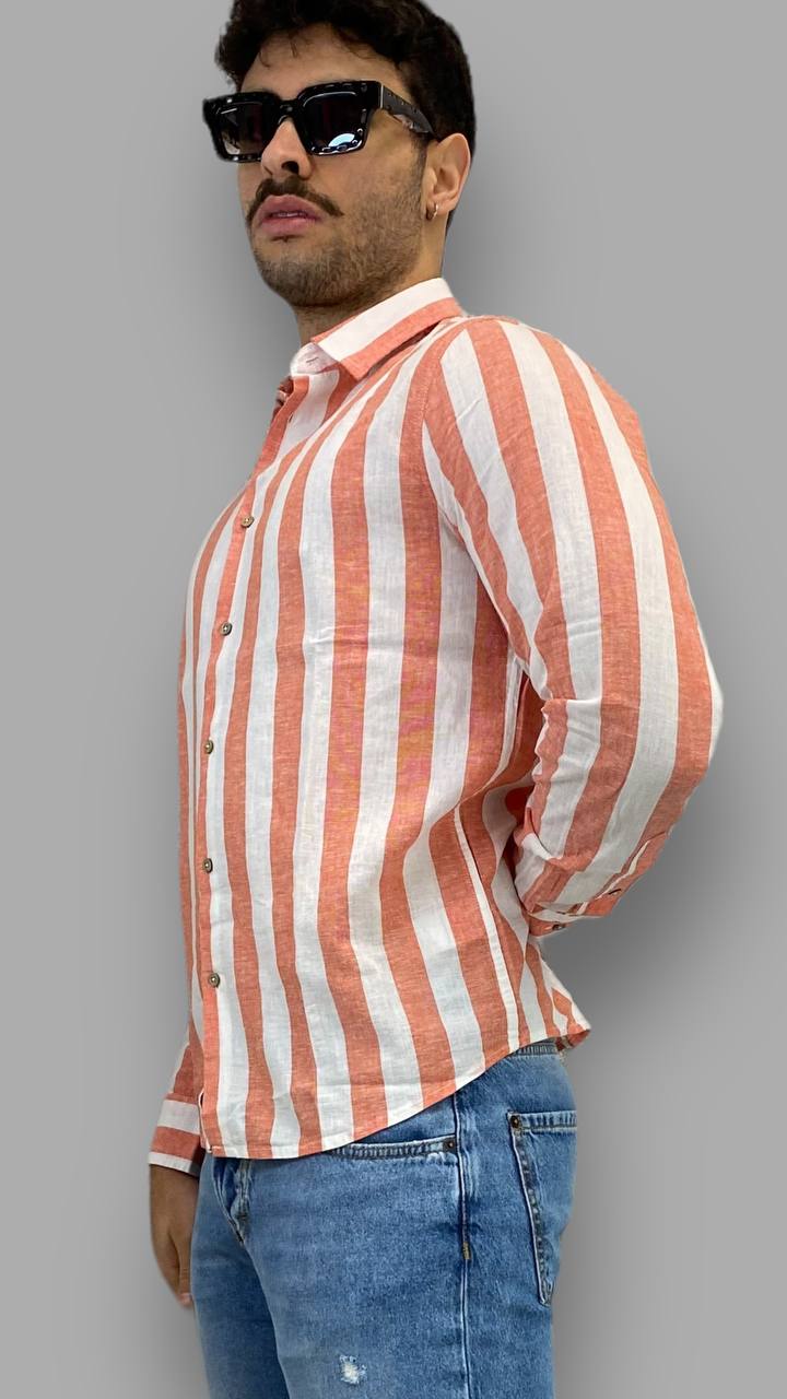 CAMICIA IN 100%LINO A RIGHE LARGHE - REGULAR FIT