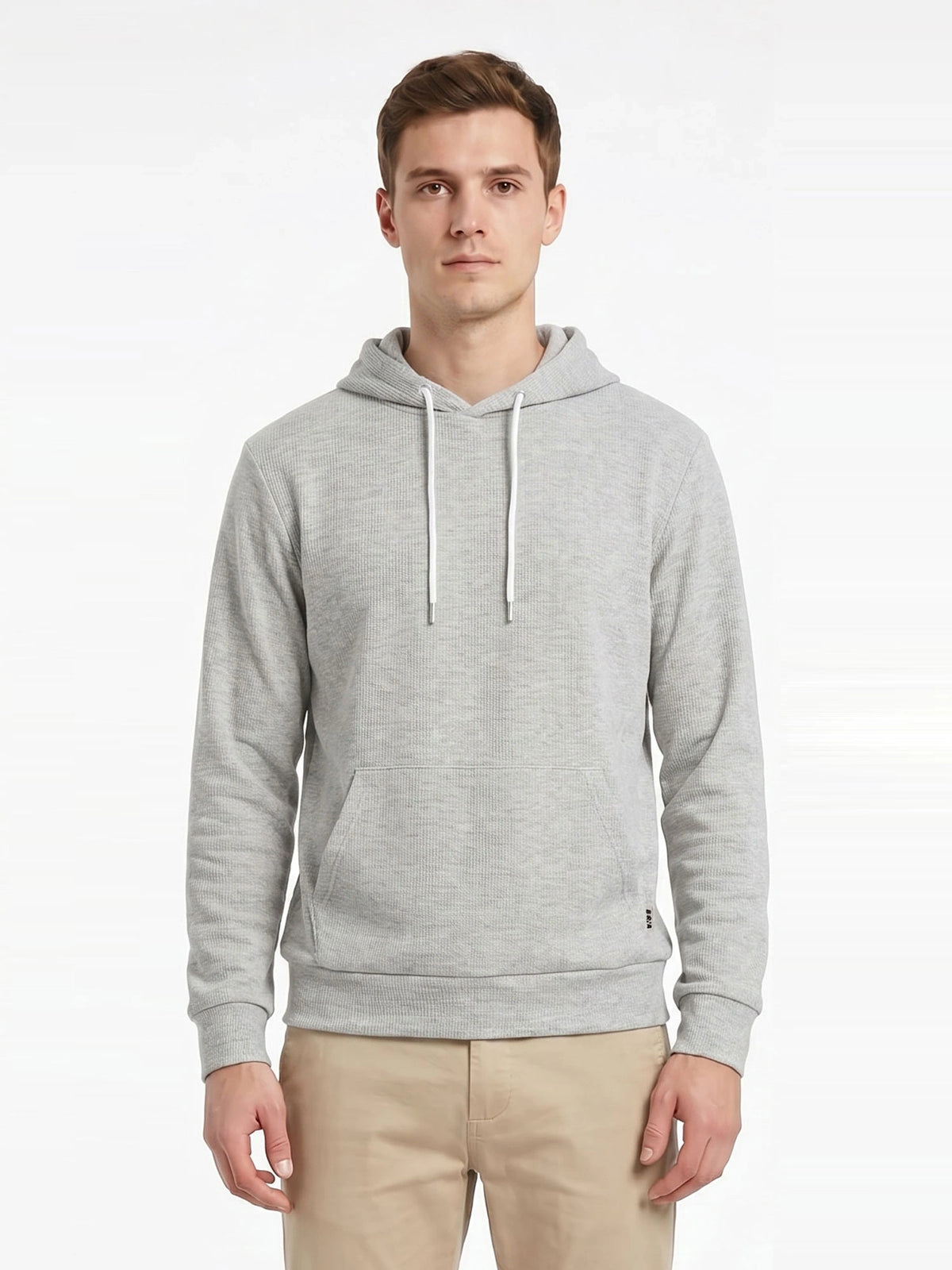 FELPA BASIC CON TASCA A MARSUPIO E LOGO E LACCIO IN CONTRASTO - REGULAR FIT M-262068.GRI