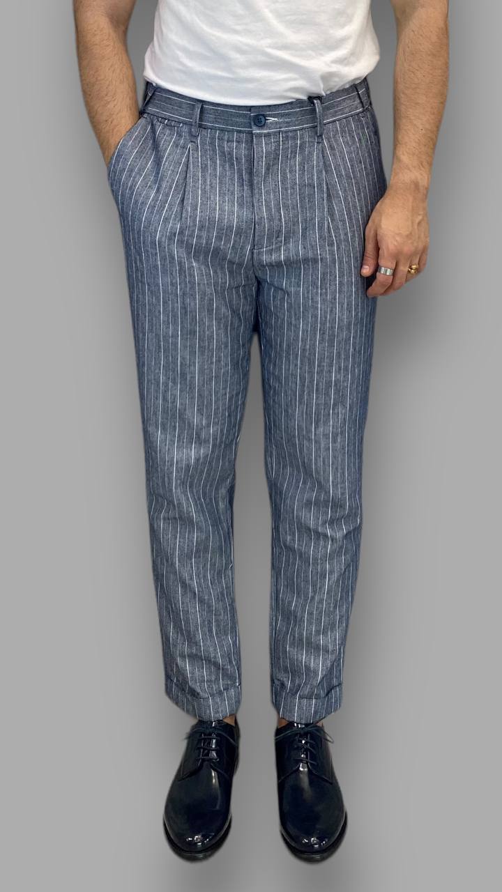 PANTALONE GESSATO DA ABITO IN MISTO LINO CON TASCA A FILO E COULISSE IN VITA - REGULAR FIT