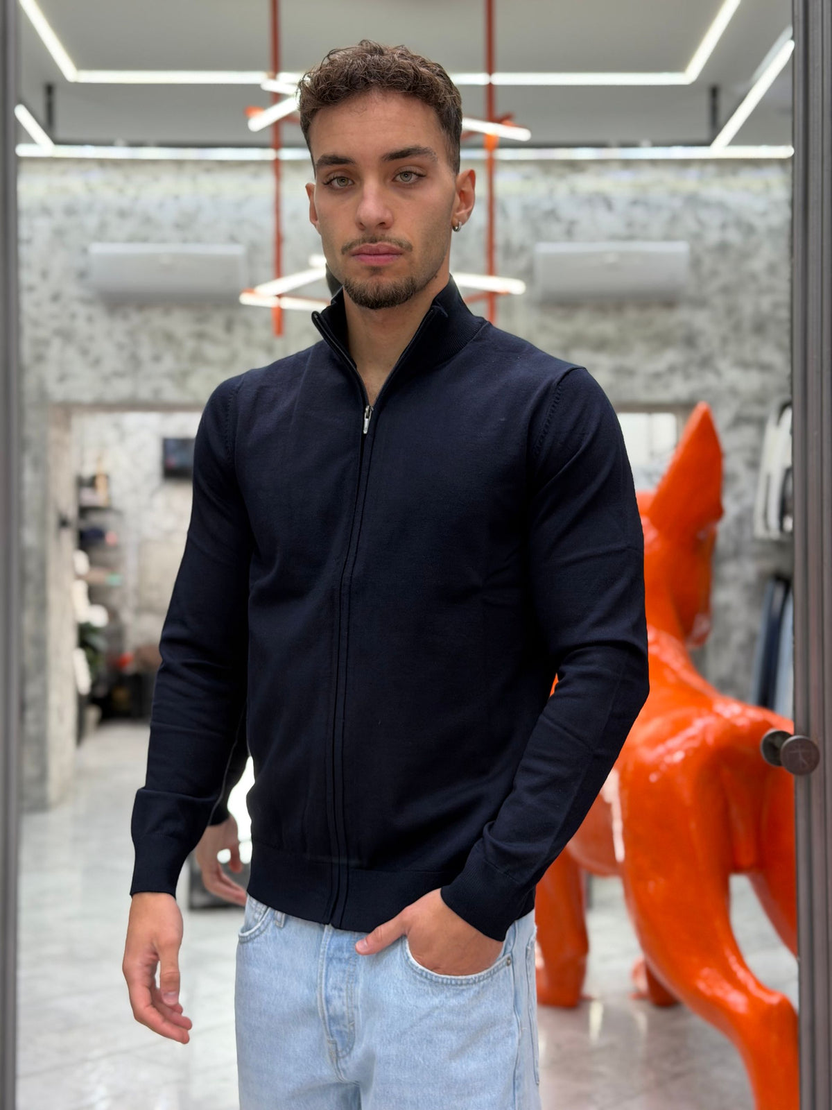 MAGLIA APERTA CON ZIP IN MISTO LANA/VISCOSA - SLIM FIT MK20016.BLU