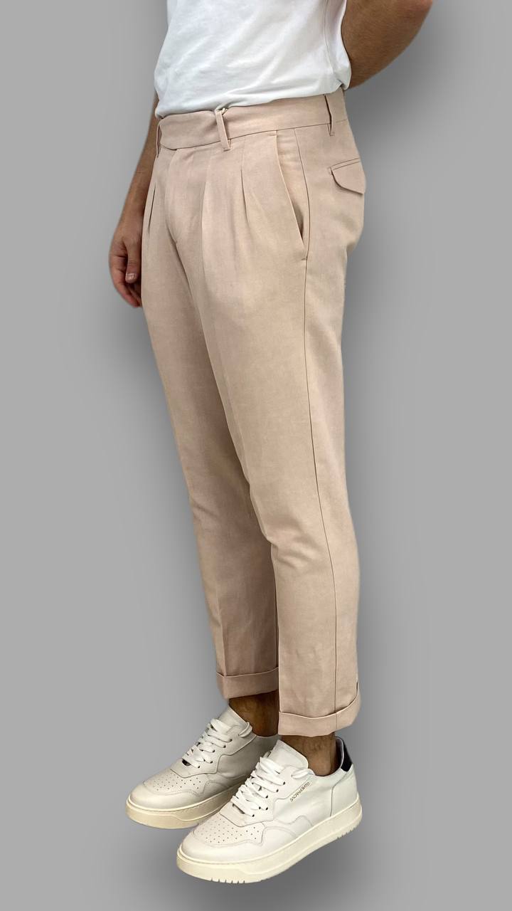 PANTALONE SARTORIALE DA ABITO IN PREGIATO TESSUTO MISTO LINO - REGULAR FIT