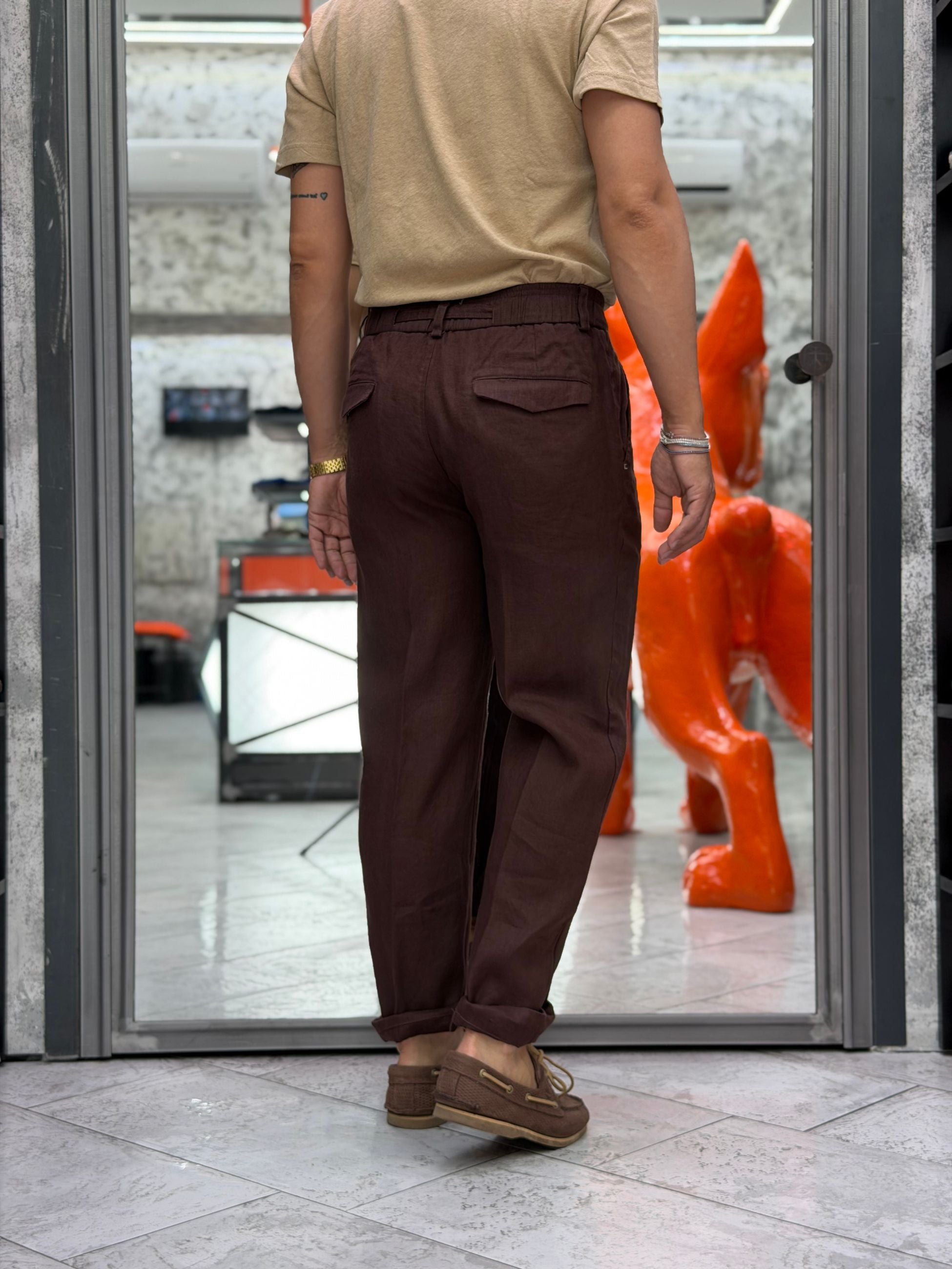PANTALACCIO IN 100% LINO DA COMPLETO TASCA AMERICA CON PINCE - REGULAR FIT PSE1527SS.MOK