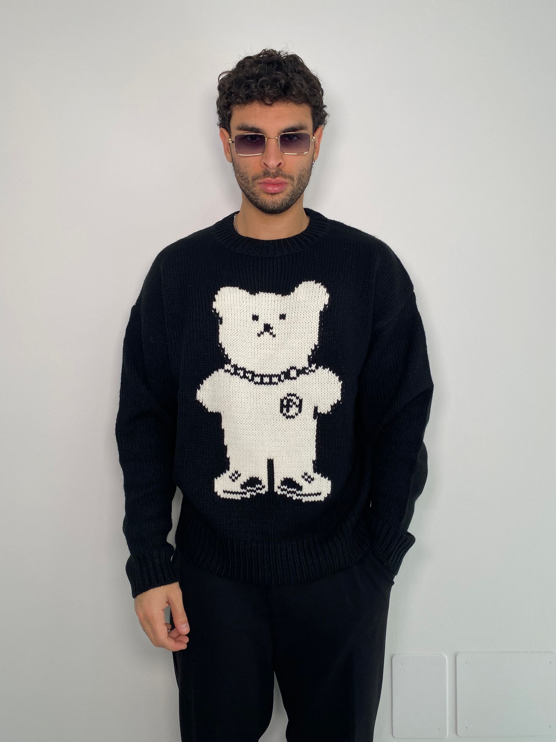 MAGLIA GIROCOLLO IN MISTO LANA CON TEDDY FRONTALE E SCRITTA SUL RETRO - REGULAR FIT