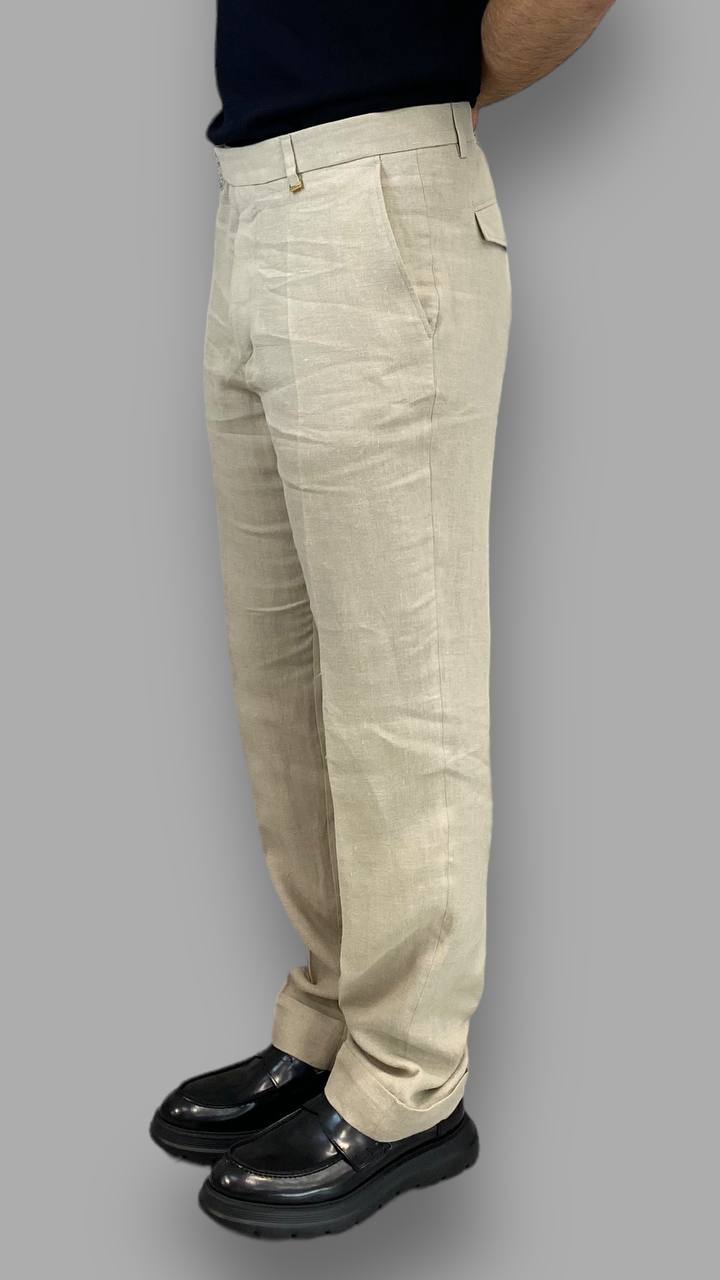 PANTALONE DA ABITO IN 100%LINO TASCA AMERICA GAMBA AMPIA CON RISVOLTO - RELAXED FIT