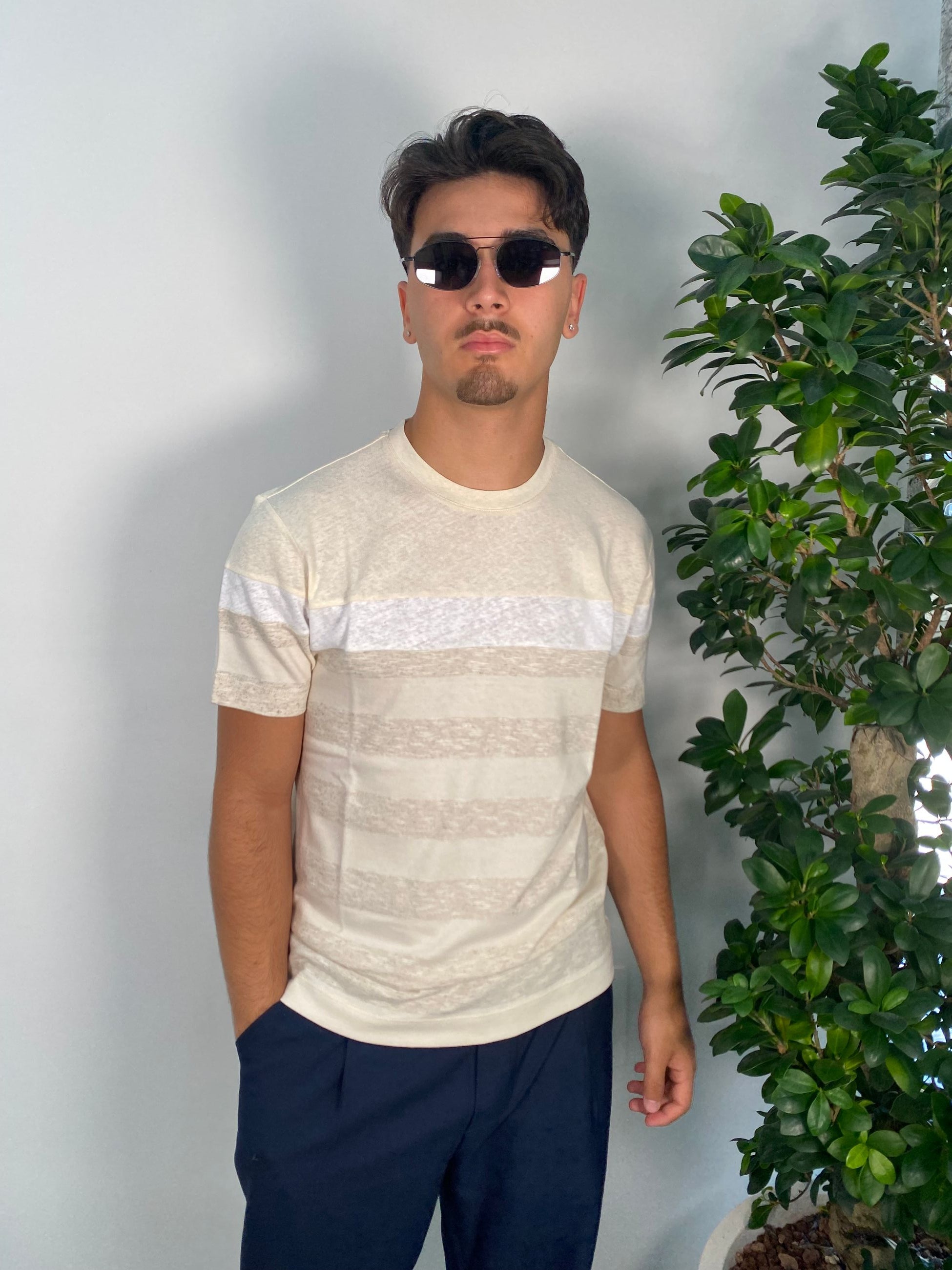 T-SHIRT IN MISTO COTONE/LINO A RIGHE LARGHE ORIZZONTALI - REGULAR FIT TE2939SS.BIGE