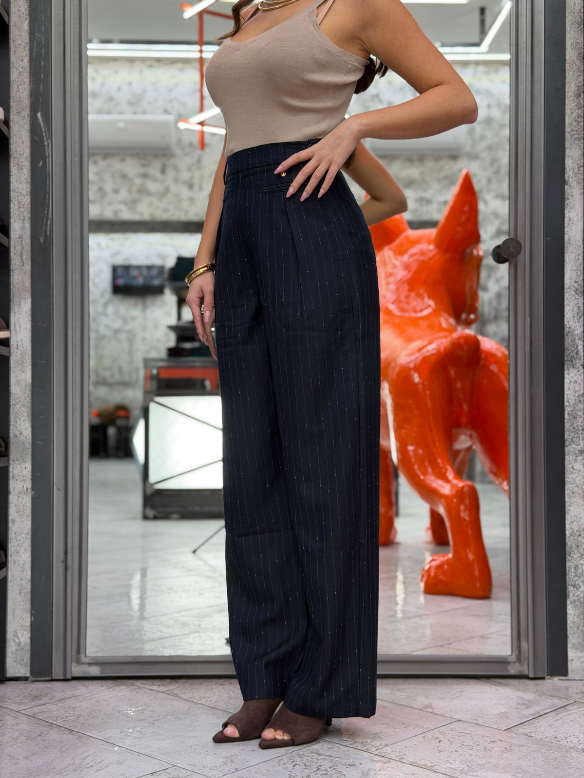 PANTALONE GESSATO DA COMPLETO CON FILO LUREX - WIDE LEG FIT GLD7059PA.BLU