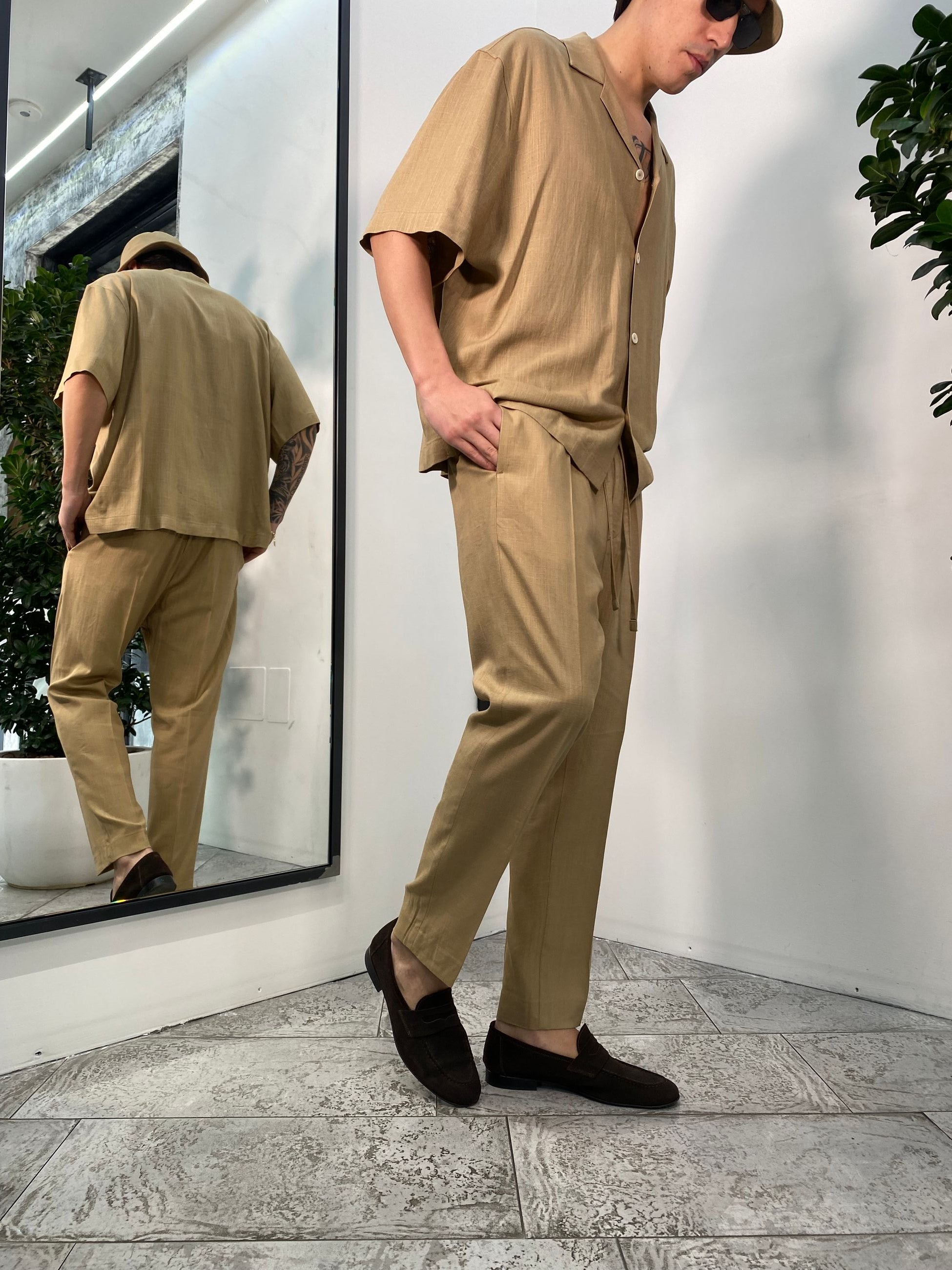 PANTALACCIO FONDO REGOLARE IN MISTO LINO EFFETTO FIAMMATO - REGULAR FIT PA3248.BEI