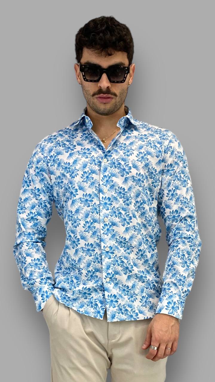 CAMICIA IN PREGIATISSIMO COTONE ELASTICIZZATO FANTASIA FIORI - REGULAR FIT