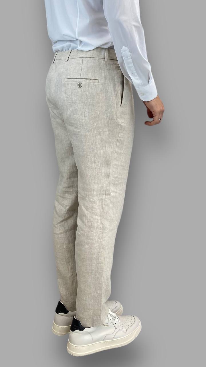 PANTALONE DA ABITO IN 100% LINO TASCA AMERICA  CON PINCE E VITA REGOLABILE - REGULAR FIT