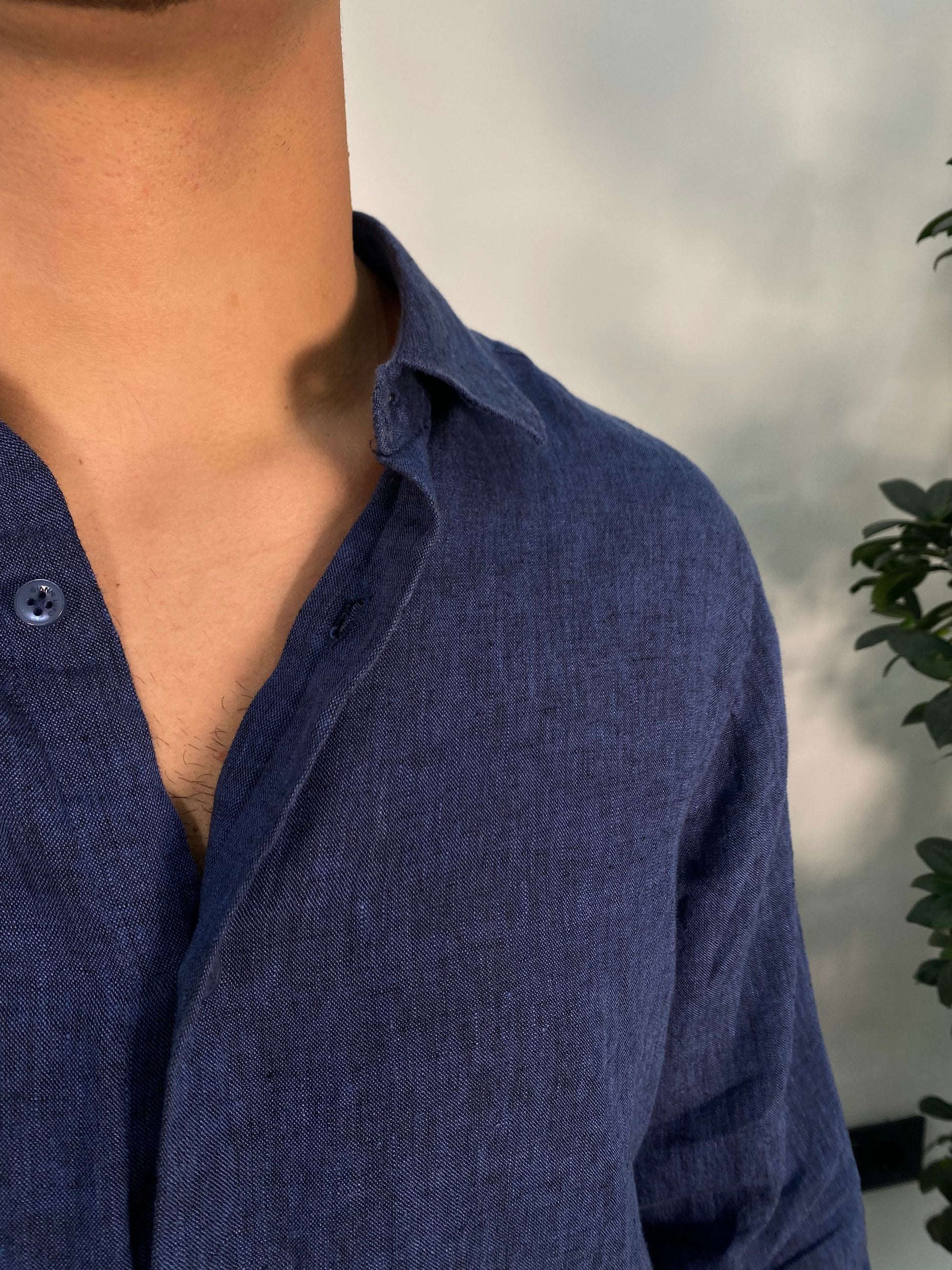 CAMICIA IN LINO FIAMMATO COLLO ALL'ITALIANA - REGULAR FIT GL7732S-S25.BLU