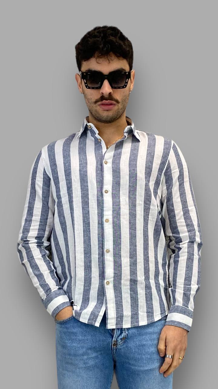 CAMICIA IN 100%LINO A RIGHE LARGHE - REGULAR FIT