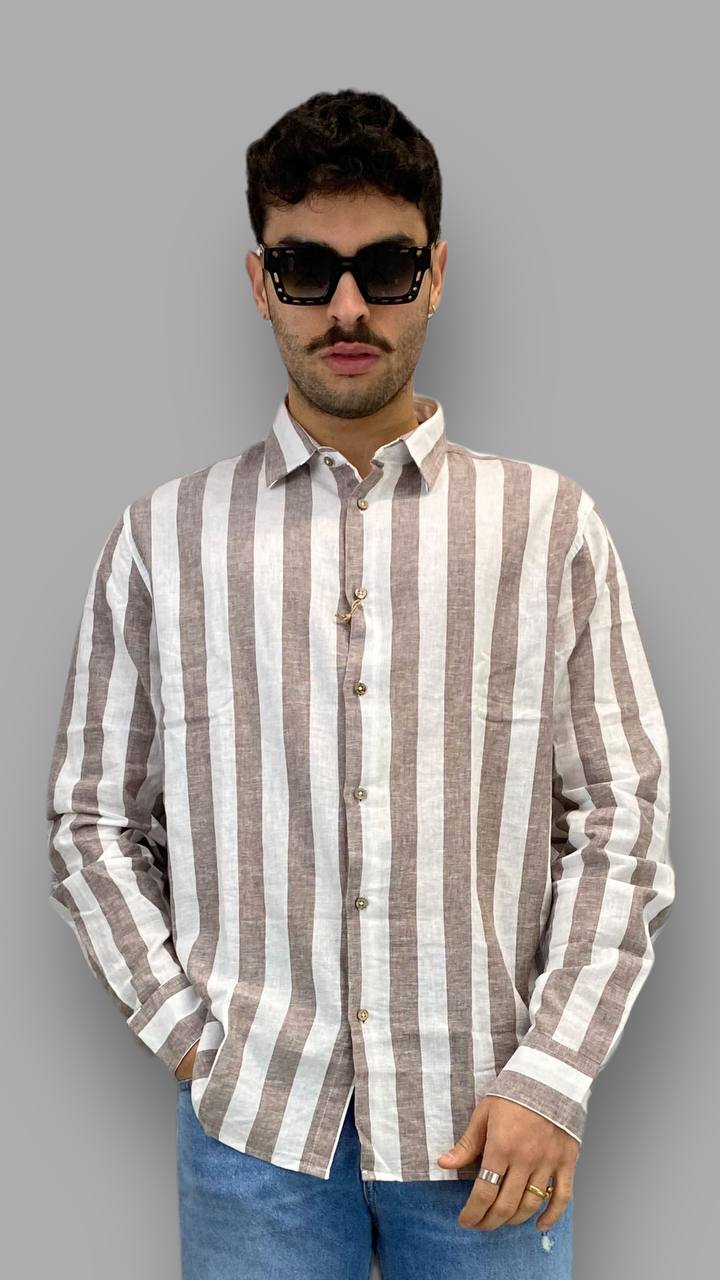 CAMICIA IN 100%LINO A RIGHE LARGHE - REGULAR FIT