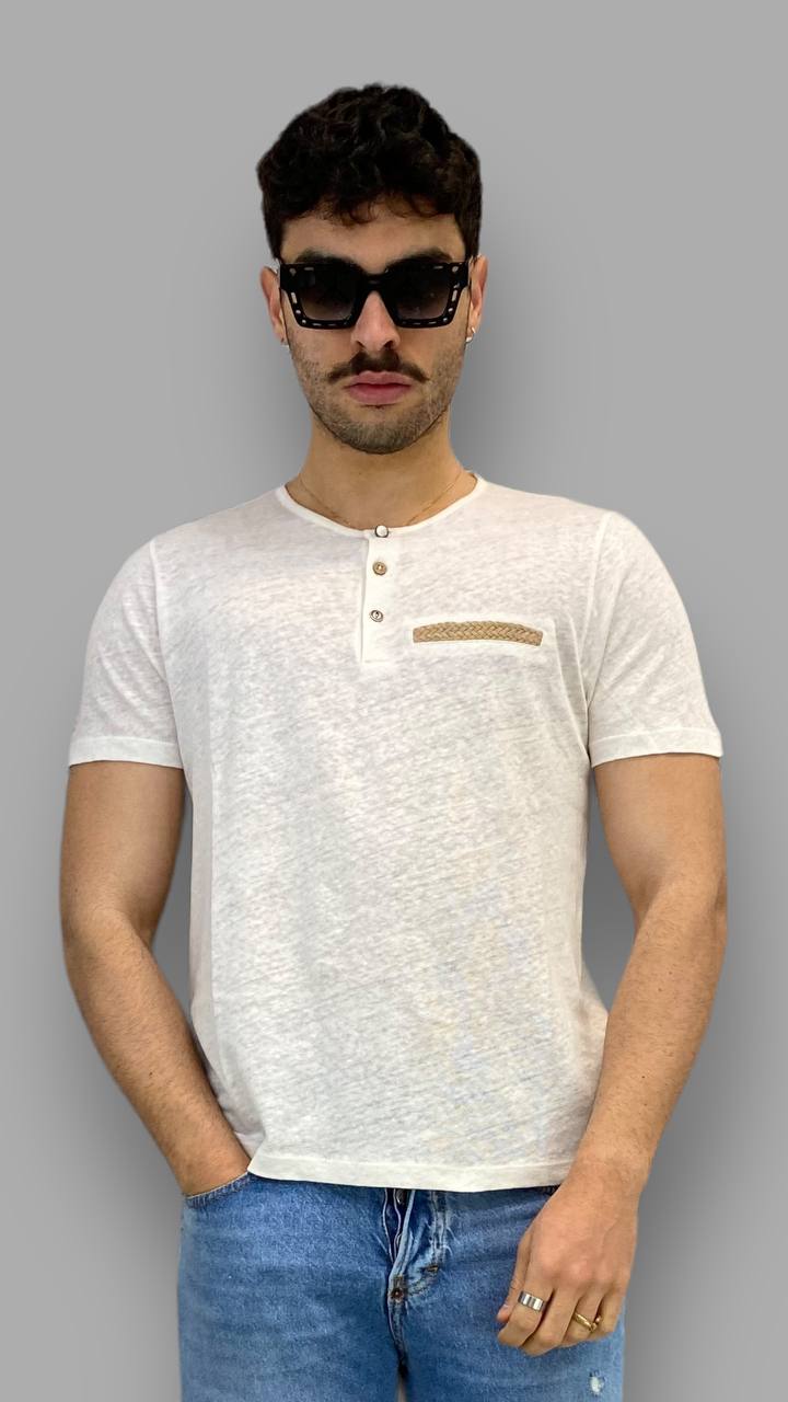 T-SHIRT MODELLO SERAFINO IN 100% LINO CON FINTO TASCHINO IN CORDA - REGULAR FIT