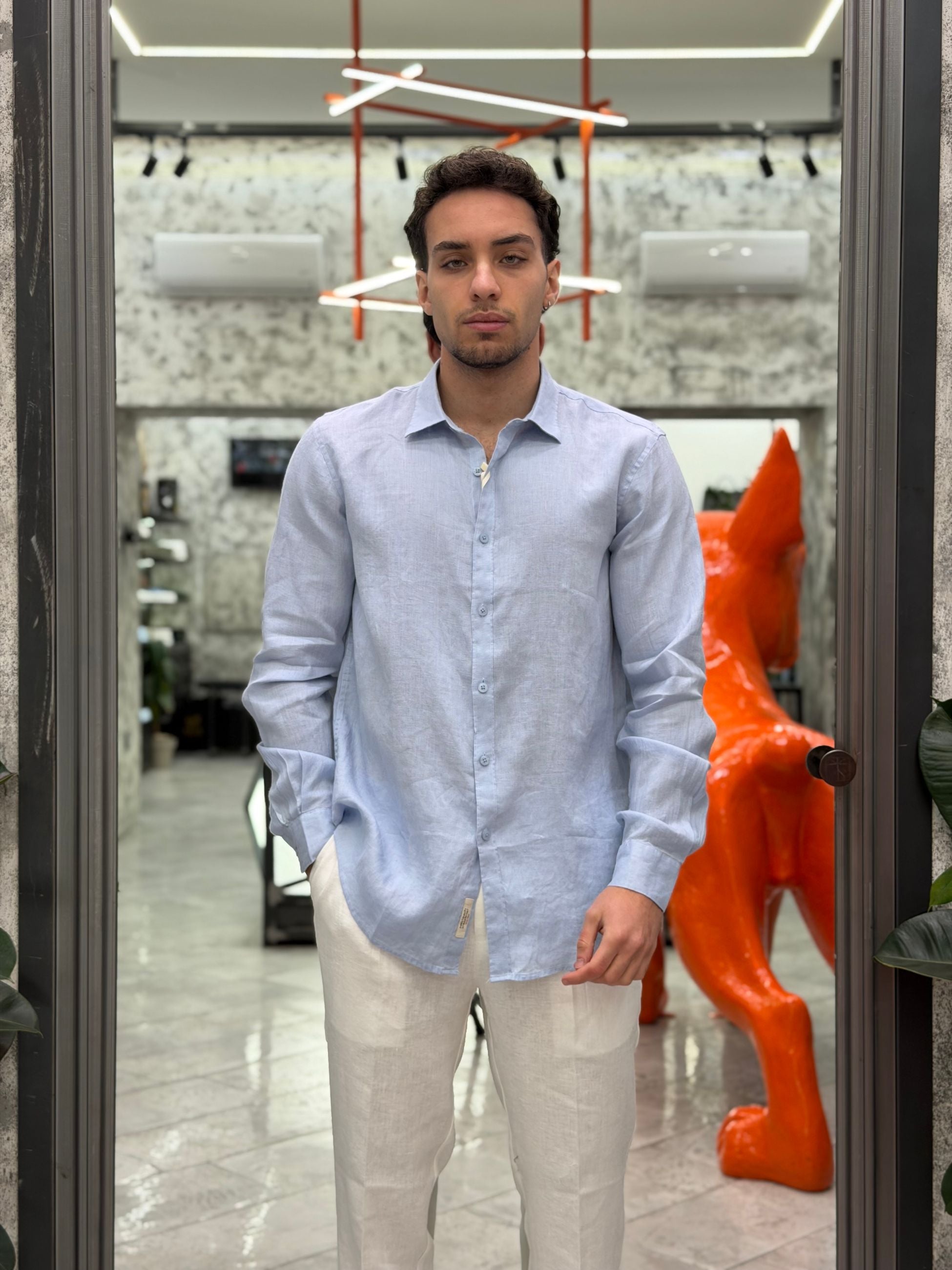 CAMICIA IN 100% PURO LINO CON COLLO ALL'ITALIANA - REGULAR FIT GL7619S-S26.SKY