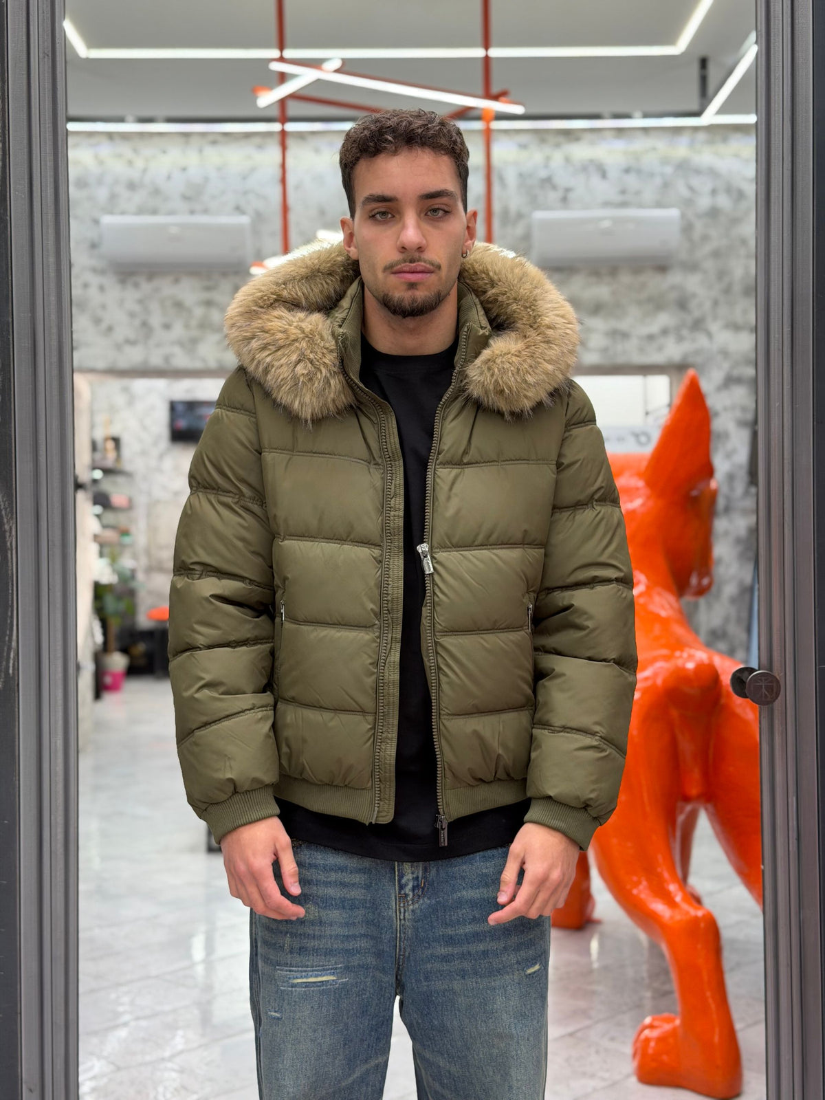 BOMBER IN NYLON CON CAPPUCCIO E COLLO IN ECOPELLICCIA - REGULAR FIT MK2940038.VMIL