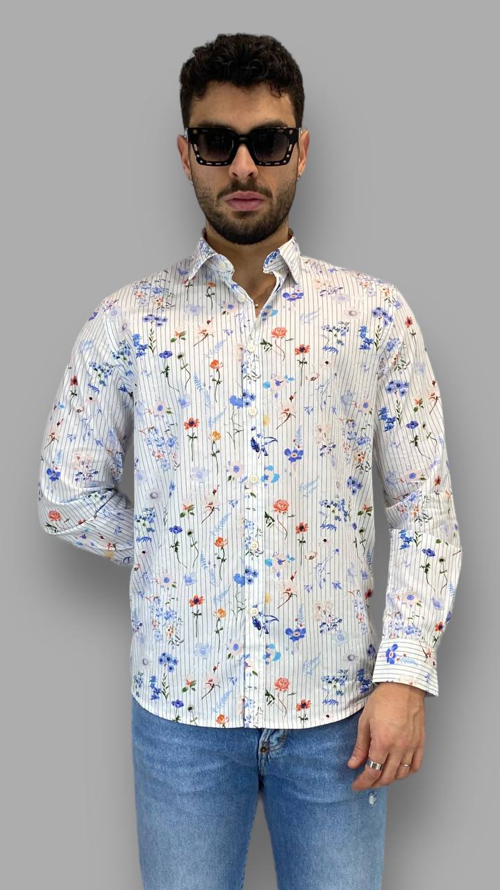 CAMICIA IN COTONE ELASTICIZZATO A RIGHE STRETTE CON FANTASIA FIORI - REGULAR FIT