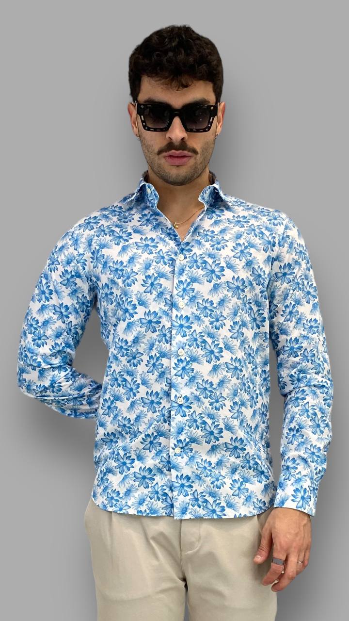 CAMICIA IN PREGIATISSIMO COTONE ELASTICIZZATO FANTASIA FIORI - REGULAR FIT