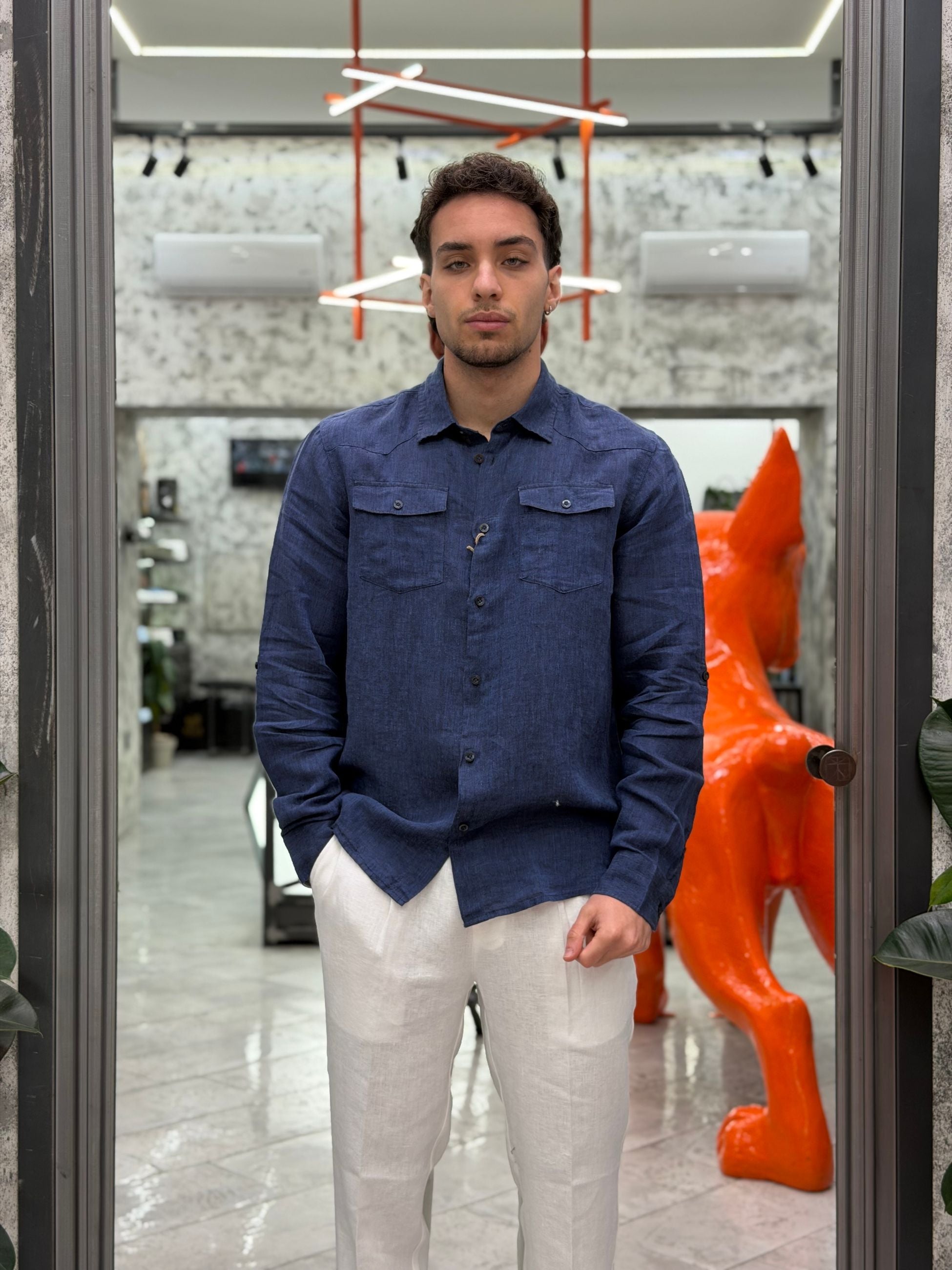 CAMICIA MANICA LUNGA TEXANA IN 100% LINO CON TASCHINI APPLICATI - REGULAR FIT CE1096SS.BLU